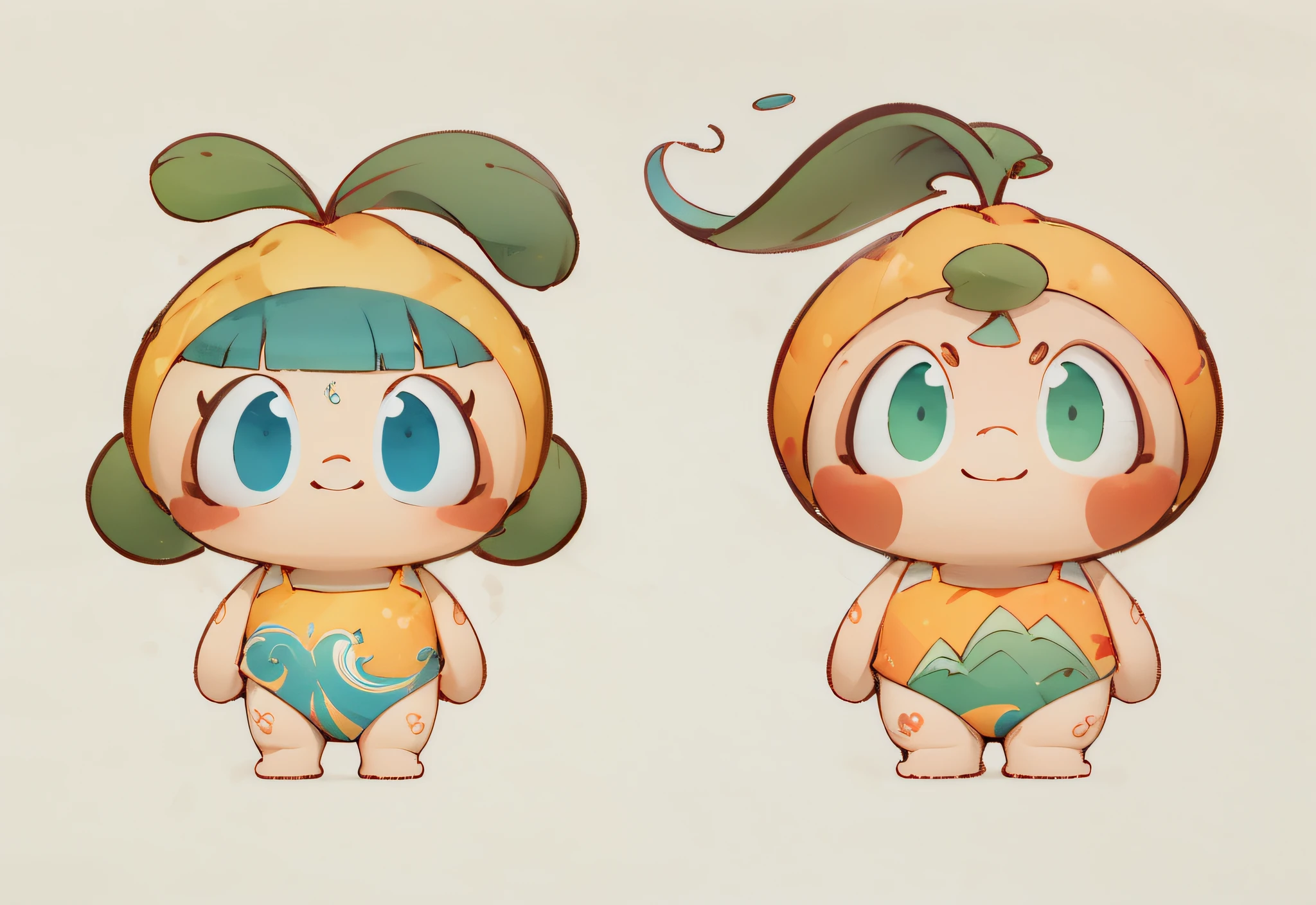 Water apricot mascot，Water apricot leaves on the head，Stand naturally，Frontal whole body，belly-bar，Water streaks，Mountain pattern，Ink painting style，clean color，Decisive cut，Leave white space，impressionistic，tmasterpiece，ultra-detailliert，high qulity, HighestQuali, 4K --v 6