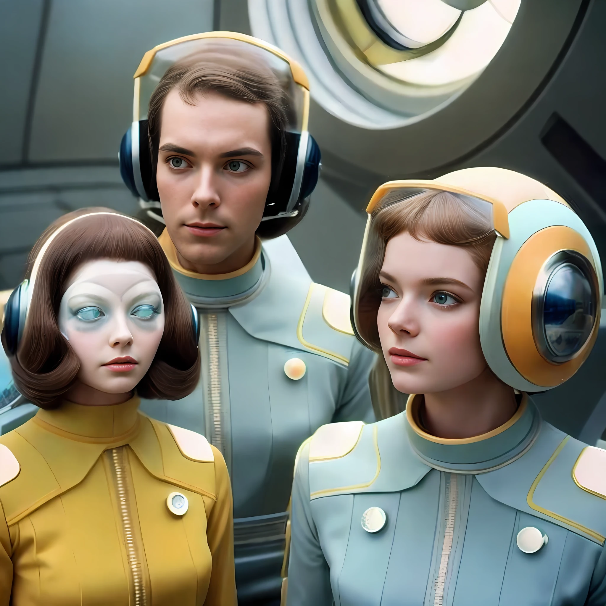 Imagem de um homem e duas mulheres em trajes espaciais, Elle Fanning como um androide, Retro Sci - Imagem de FI, No filme 2001 Uma Spaceodyssey, Retro Sci - Science fiction film, 7 0's vintage sci - estilo fi, Space Odyssey 2001, 2 0 0 1 Space Odyssey, 1 9 7 0's sci - fi movie
