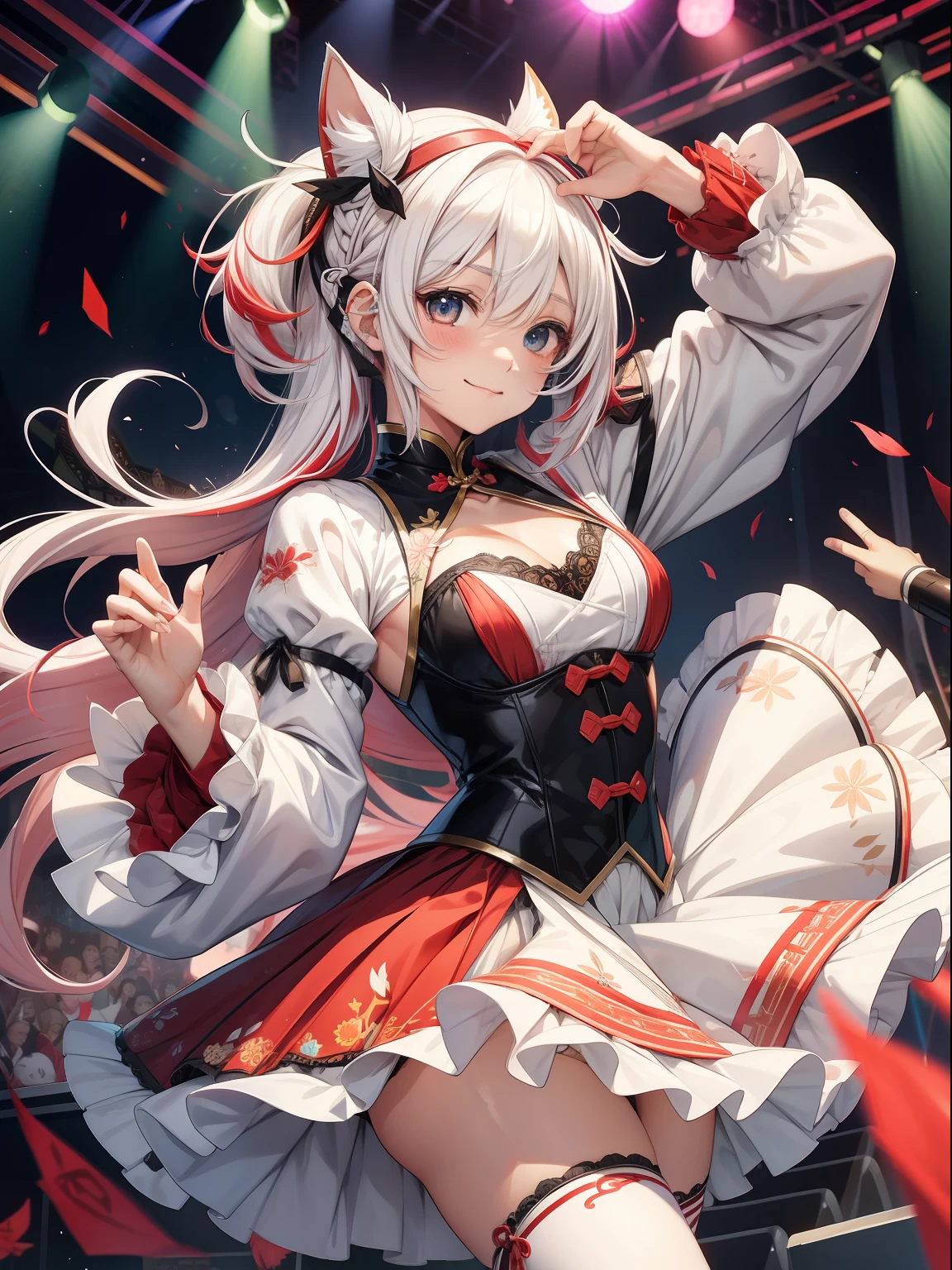absurderes、ultra-detailliert、masterpiece、top-quality、BREAK、Official art、(Beautifully Aesthetic:1.2)、(watercolor paiting:Curly)、BREAK、Devilish Pretty Girl 1.2、a beauty girl、(kawaii:⒈3)、、BREAK、((Red and white hair color:1.4))、BREAK、striated hair、((Random hairstyle:1.2))、(Splash)、(フラクタルアート1.3)、BREAK、Cat's ears、A sexy、(Ultra-detailed hands and fingers:1.2)、BREAK、(Carefully written hands and fingers)、((Chinese ruffled skirt and open chest((colourfull))Nazaki:1.2))BREAK、((heterochromia iridis、BREAK、Variegated eyes))、BREAK、Since a while ago:1.2、randome pose、BREAK、stick out buttocks、shyly smile、red blush、Happy smiling face、BREAK、Look at viewers、((Cute with super complex embroidery pattern((blanche))lace string panties:1.2))、BREAK、((AI Concert:1.4))、BREAK、livestream、BREAK、Lighting with neon glow on background、BREAK、(Get a professional AI stage background:1.2)、BREAK、profetional lighting、BREAK、Singing with microphone in hand、((Panchira:1.2)) Skirt Lift Up:1.2、Fan Service