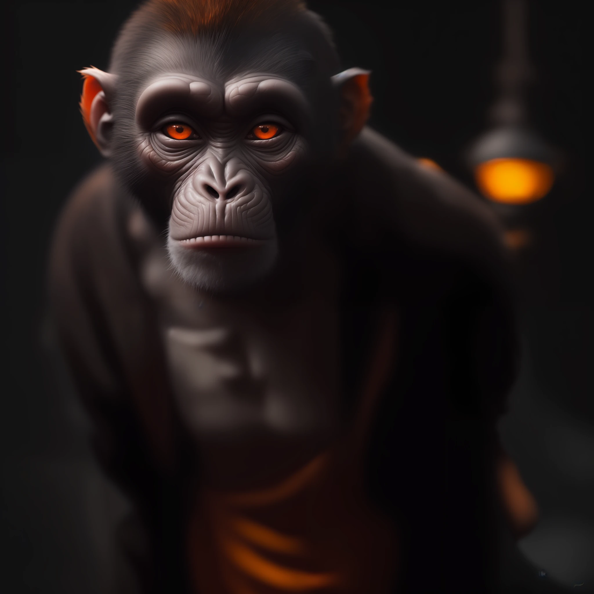 (sharp focus:1.2), an award winning photo of an monkey dressed as a monk Orange, black outside, lightning back lighting, happy, wrinkles, extremely detailed skin, hopelessness ,cloudy eyes, (deep shadows:1.1), high contrast, beautiful eyes, absurdres, 8k, (high quality:1.3), , artstation hd, concept art, detailed face and body, award-winning photography, (moody lighting:1.2), depth of field, bokeh, 4K, HDR