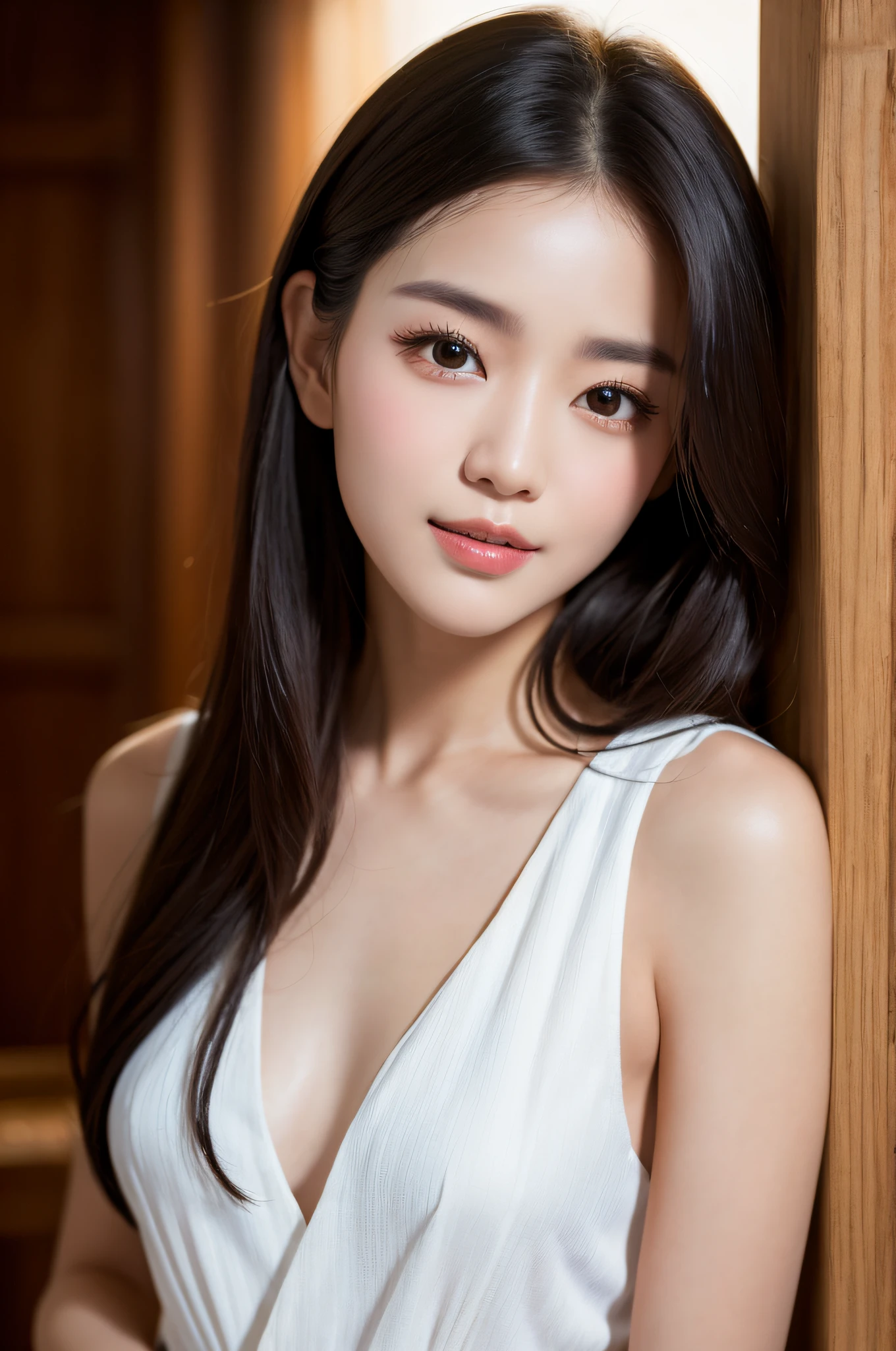 ((best qualtiy、8k masterpieces:1.3))、foco nítido:1.2、(ultra beautiful faces:1.0)、(shinny skin:1.0)、photos realistic、A dark-haired、Video Lighting、High-definition eyes and face、Video Lighting、(cowboy  shot:1.3)、(Korean Cute Actress)、from the front side、medium large breasts、ssmile、Sleeveless、Slender Abs Beauty、Wearing a white blouse