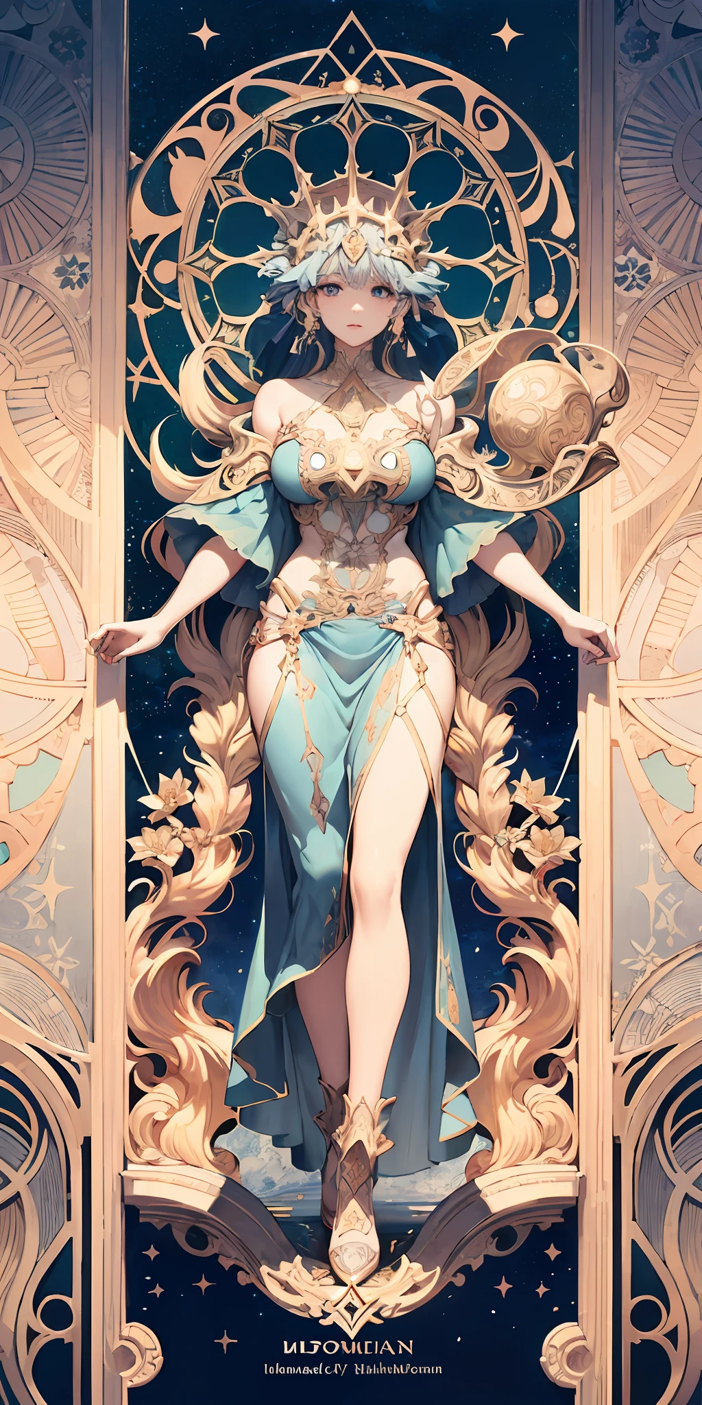 European woman, full bodyesbian, Flower frame, Decorative panels, abstract artistic, Alphonse Mucha (tmasterpiece, best qualtiy, A high resolution: 1.4), A detailed, Complicated details, 4K, Color splattering, Line art, Fibonacci, starrysky, natta, exteriors, Clouds, Reflectors, Eau, magick, (tarot cards),Cards, ((beautiful golden crystal star)) buliding, palaces, Patterned, Sumeru, Clouds, themoon