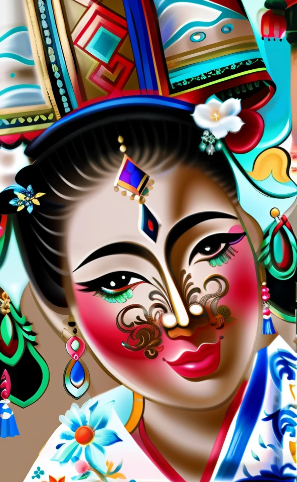 An ancient Chinese beauty, dancing, gorgeous costumes embroidered with complex embroidery, transparent long colored streamers tied on her arms, elegant, exposed belly button, bare shoulders, exposed neck, wreath, black hair bun and flower hairpin headband, Armbands are tied with ribbons, bracelets, anklets, metal chain tassels around the waist, Mogao Grottoes art, inspiration from Dunhuang Flying Apsaras murals, ink wash, cgstation pop --v 6