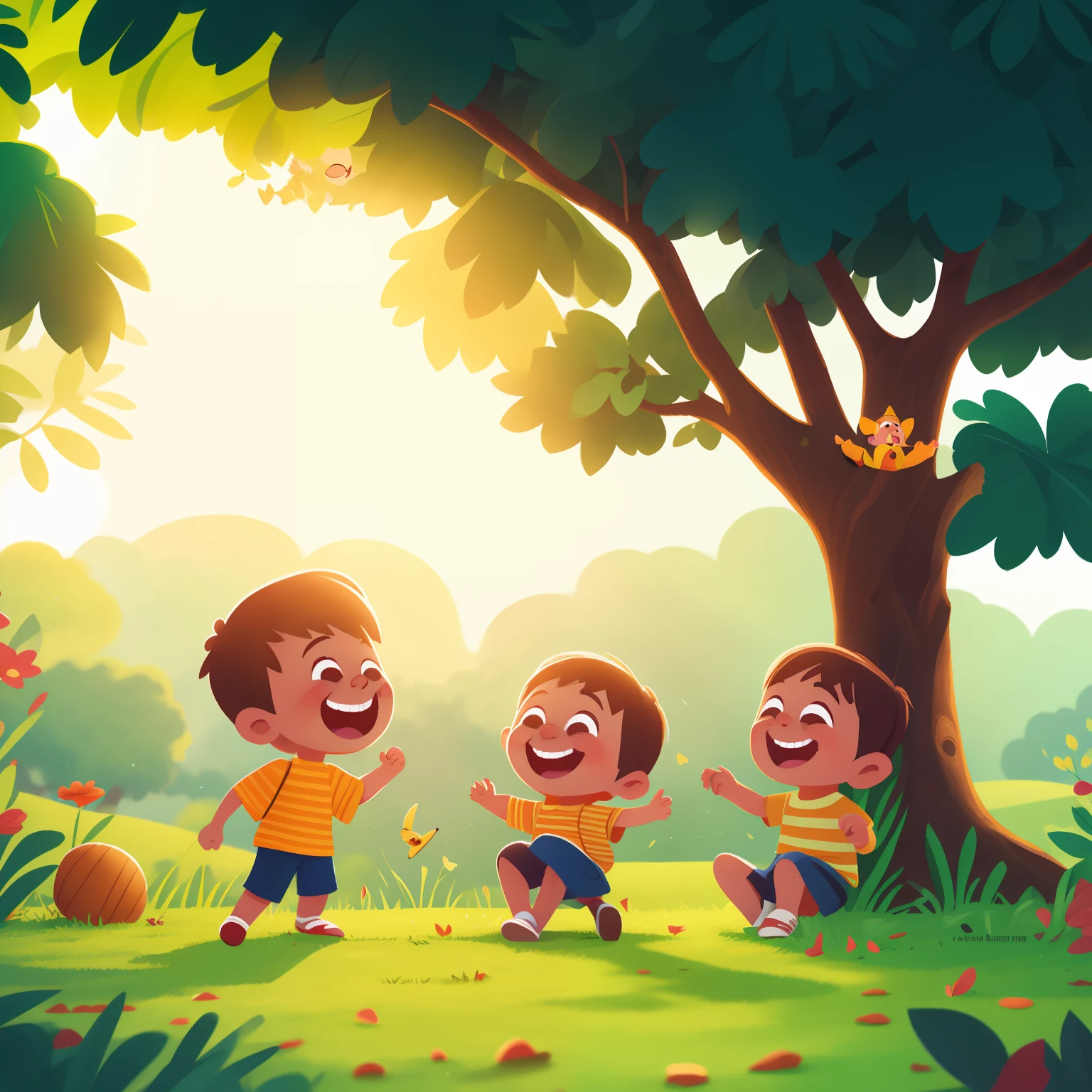 Two playing under a large tree,laughing very happily,the Sun Shining