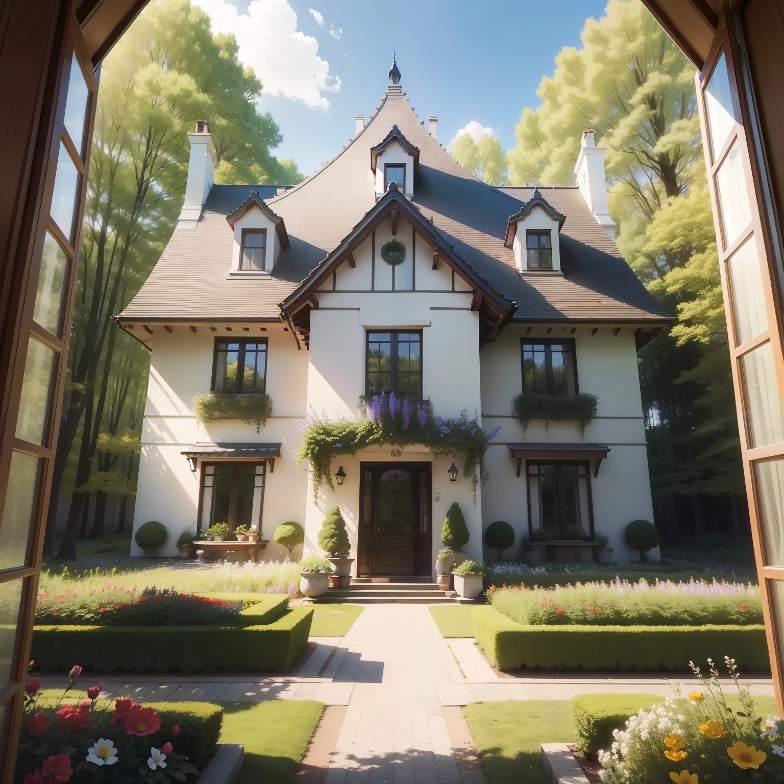 Big European style house,Large windows、Sunny day、ln the forest、trees、Lots of flowers