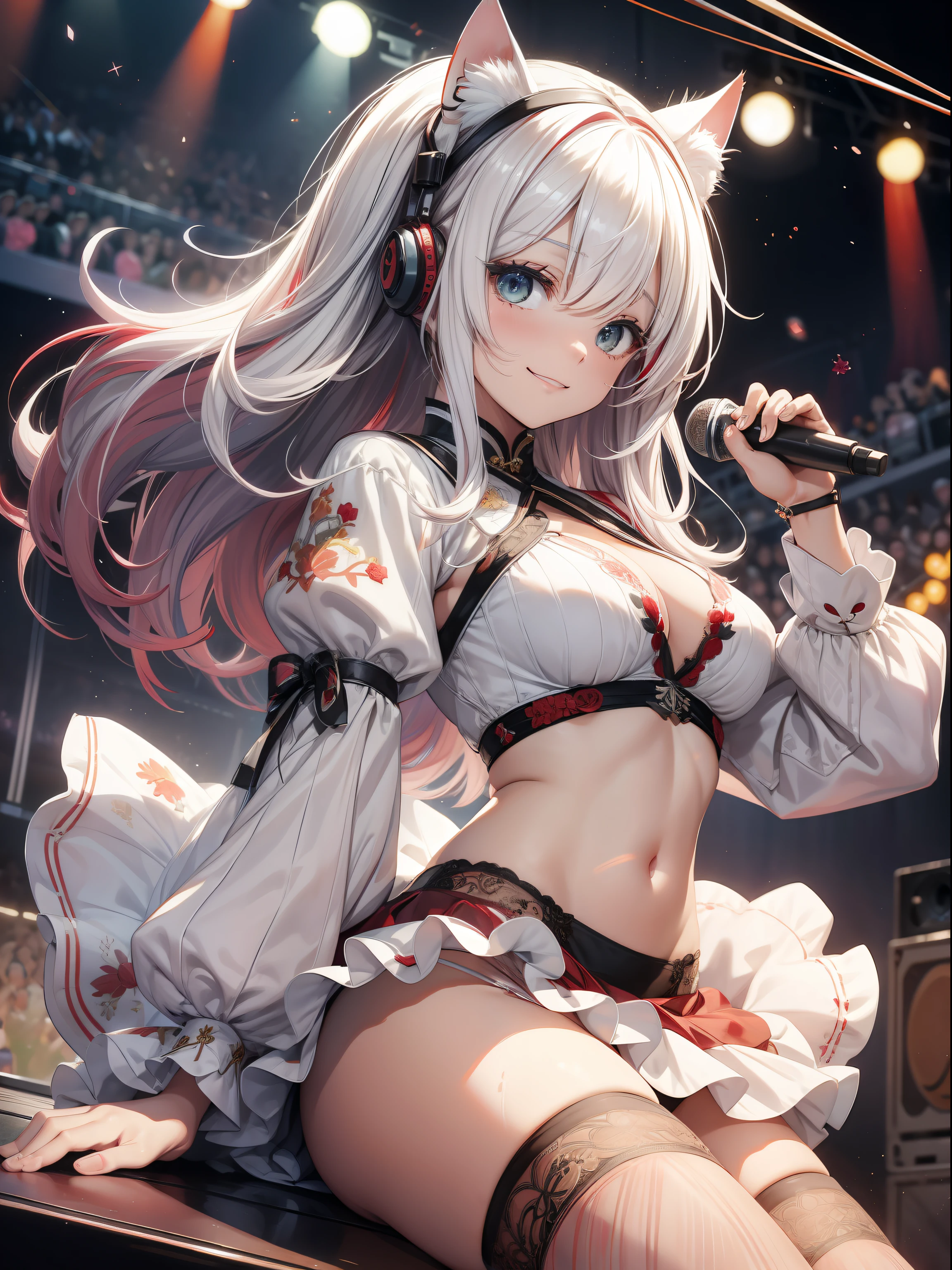 absurderes、ultra-detailliert、​masterpiece、top-quality、BREAK、Official art、（Beautifully Aesthetic：１.２）、（watercolor paiting：Curly）、BREAK、Devilish Pretty Girl 1.2、a beauty girl、（kawaii：⒈３）、、BREAK、((Red and white hair color:1.4))、BREAK、striated hair、((Random hairstyle:1.2))、(Splash）、(フラクタルアート1.３)、BREAK、Cat's ears、A sexy、（Ultra-detailed hands and fingers:1.2）、BREAK、(Carefully written hands and fingers)、((Chinese ruffled skirt and open chest((colourfull))Nazaki:1.2))BREAK、((heterochromia iridis、BREAK、Variegated eyes))、BREAK、Since a while ago:1.2、randome pose、BREAK、stick out buttocks、shyly smile、red blush、Happy smiling face、BREAK、Look at viewers、((Cute with super complex embroidery pattern((blanche))lace string panties:1.2))、BREAK、((AI Concert:1.4))、BREAK、livestream、BREAK、Lighting with neon glow on background、BREAK、(Get a professional AI stage background:1.2)、BREAK、profetional lighting、BREAK、Singing with microphone in hand、((Panchira:1.2)) Skirt Lift Up:1.2、Fan Service