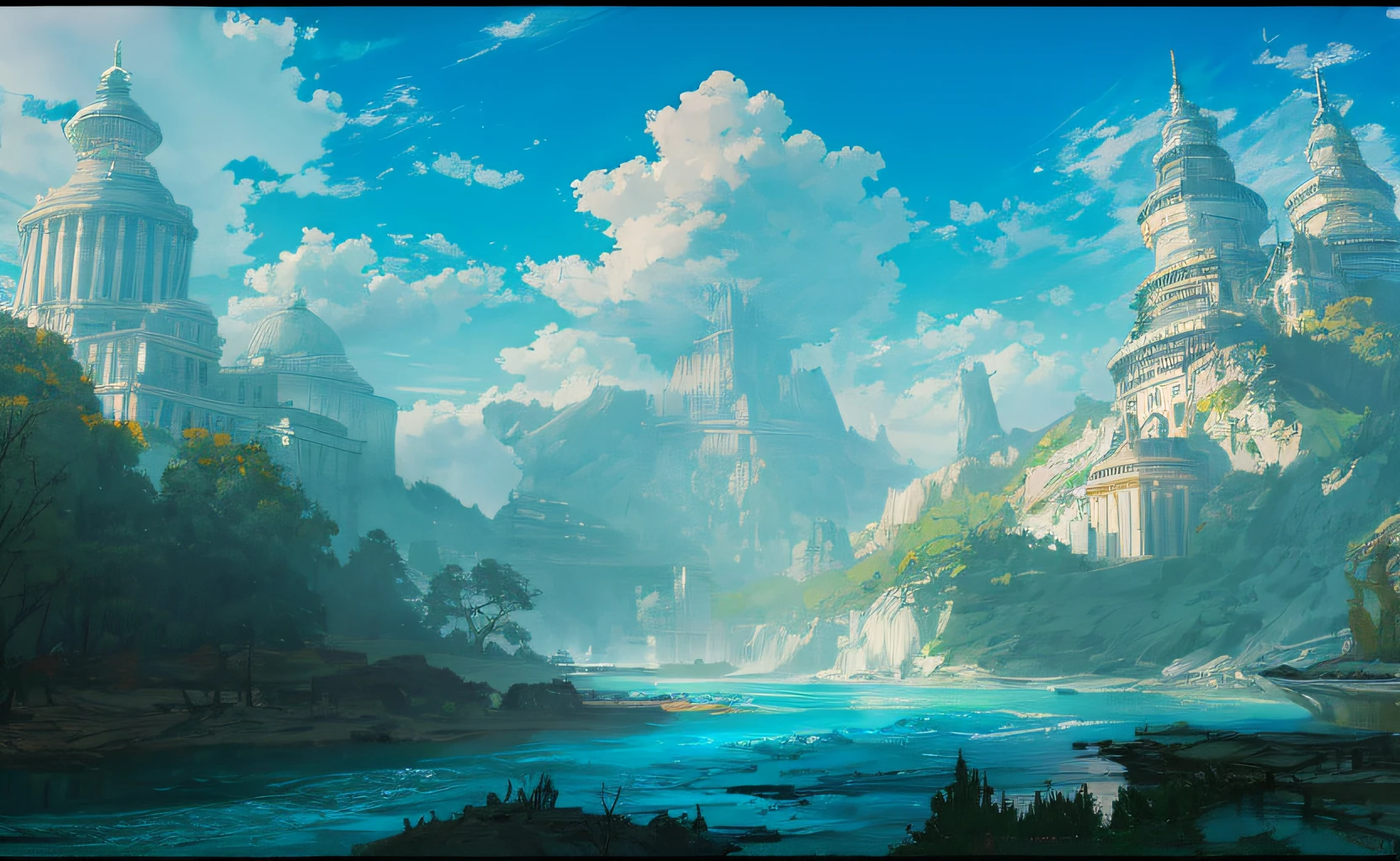 concept-art, No Man, scenery, water, sky, day, tree, Cloud, waterfallr, Outdoors, Building, Nature, River, Blue sky