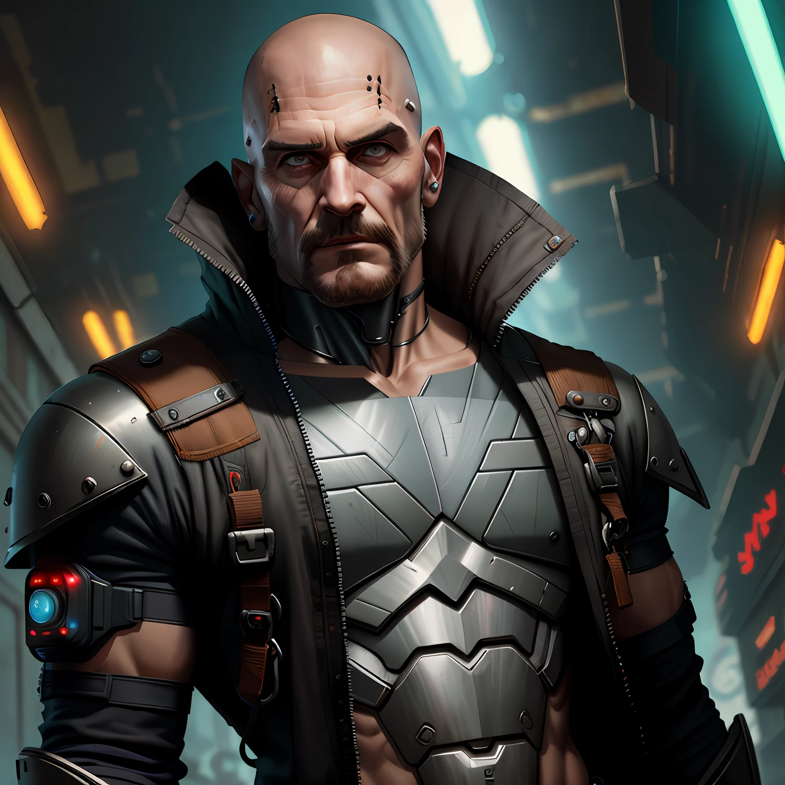 detalhe realista careca barbudo 29 anos cara cheia de cyberpunk futurista cyber man