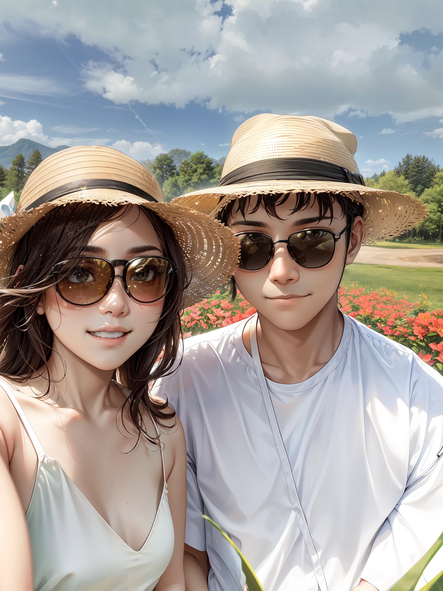 A young couple are posing for a picture in a field with trees wearing dark sunglasses, the girl has long wavy brown hair and wearing a white sleeveless halter dress, the boy has black short hair wearing a grey hat and white t-shirt, both are wearing a sun hat, in front of a forest background, vacation photo, lovely couple, 8k selfie photograph, park in background, photo taken with canon 5d, couple, taken with sony alpha 9, a picture, trees in the background