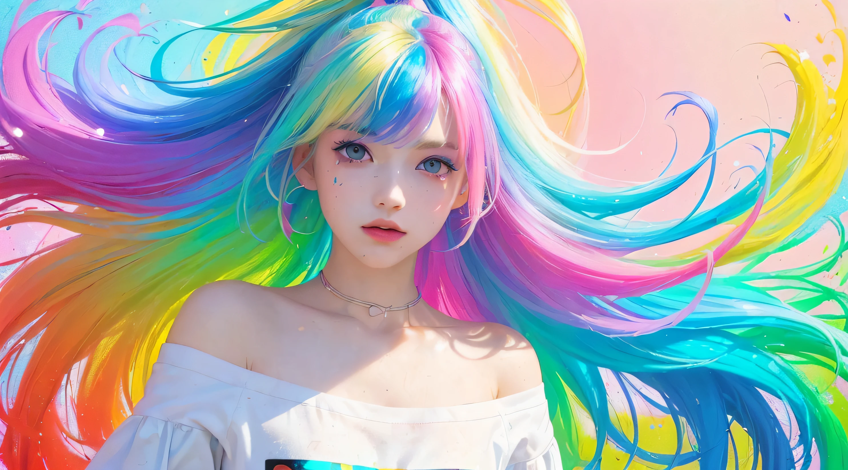 (Pink Fashion T-shirt:1.9),(Colorful hair: 1.8), (all the colours of the rainbow: 1.8),(((((vertical painting:1.6))), (painting:1.6),front, comics, illustrations, paintings, large eyes, crystal clear eyes,( rainbow color gradient high ponytail:1.7), exquisite makeup, closed mouth,(Small Fresh: 1.5),(Wipe Chest: 1.6) ,long eyelashes, white off shoulder T-shirt, White Shoulder Shirt,looking at the audience, large watery eyes, (rainbow colored hair:1.6), color splash, (solo:1.8), color splash, color explosion, thick paint style, messy lines, ((shining)),(colorful), (colorful), (colorful), colorful, Thick Paint Style, (Splash) (Color Splash), Vertical Painting, Upper Body, Paint Splash, Acrylic Pigment, Gradient, Paint, Highest Image Quality, Highest Quality, Masterpiece, Solo, Depth of Field, Face Paint, colorful clothes, (Elegant: 1.2), gorgeous,long hair, wind, (Elegant: 1.3), (Petals: 1.4),(((masterpiece))),(((best quality))),((ultra-detailed)),(illustration),(dynamic angle),((floating)),(paint),((disheveled hair)),(solo),(1girl) , (((detailed anima face))),((beautiful detailed face)),collar,bare shoulders,white hair, ((colorful hair)),((streaked hair)),beautiful detailed eyes,(Gradient color eyes),(((colorful eyes))),(((colorful background))),(((high saturation))),(((surrounded by colorful splashes))),