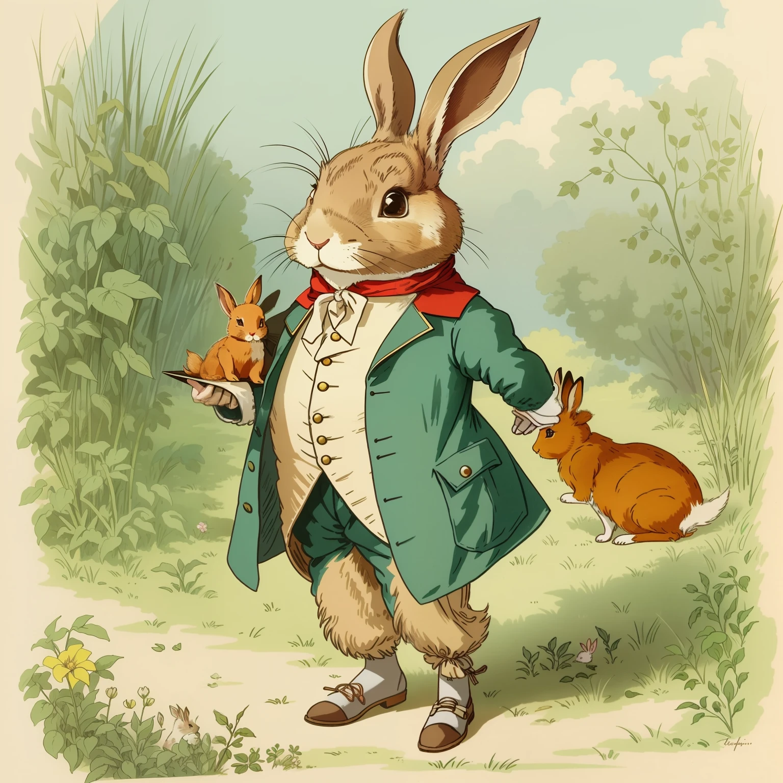 a storybook illustration、Anthropomorphic rabbit、18Century French clothing、
