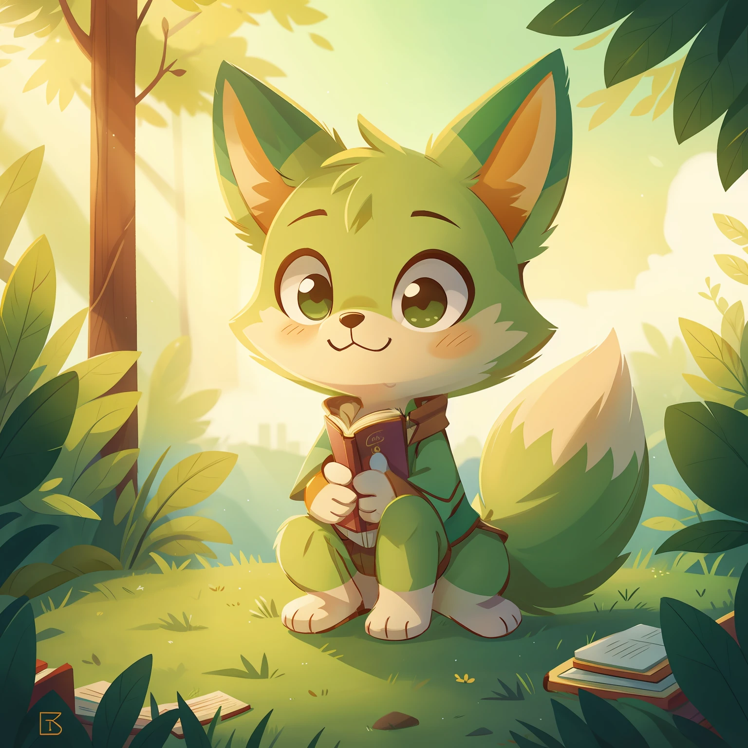 Q version of the cute green fox,Books in hand,white backgrounid
