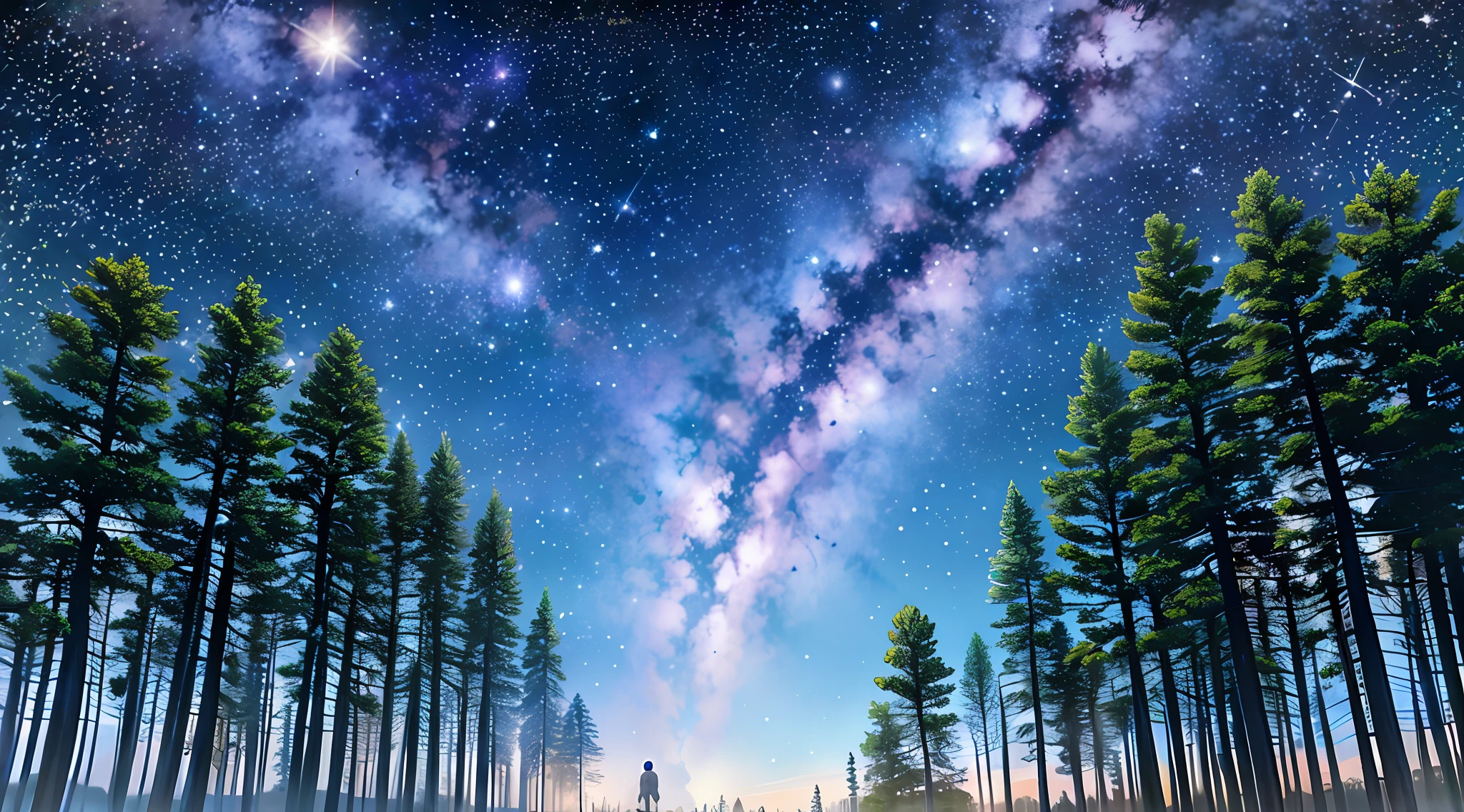 Starry sky with a man standing in the middle of the forest, cosmos sem fim no fundo, Starry Sky 8 K, milky way environment, moonlit starry sky environment, the sky has the milky way, looking out into the cosmos, looking at the stars, Star(sky) Starry_sky, on a galaxy looking background