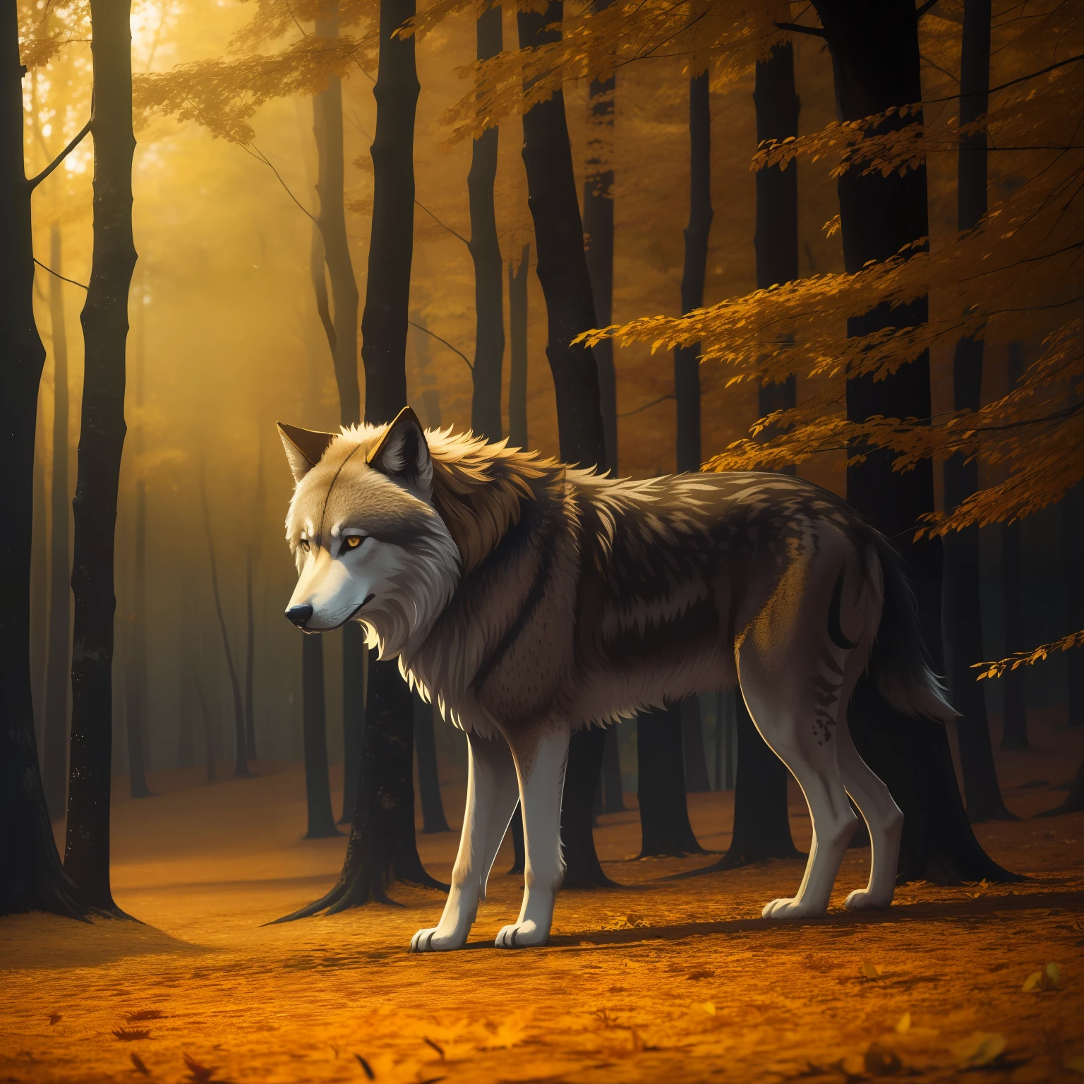 Un lobo nocturno solitario en un bosque autumm, 4k, Renderizado de octanaje, polvo dorado, lithographic style