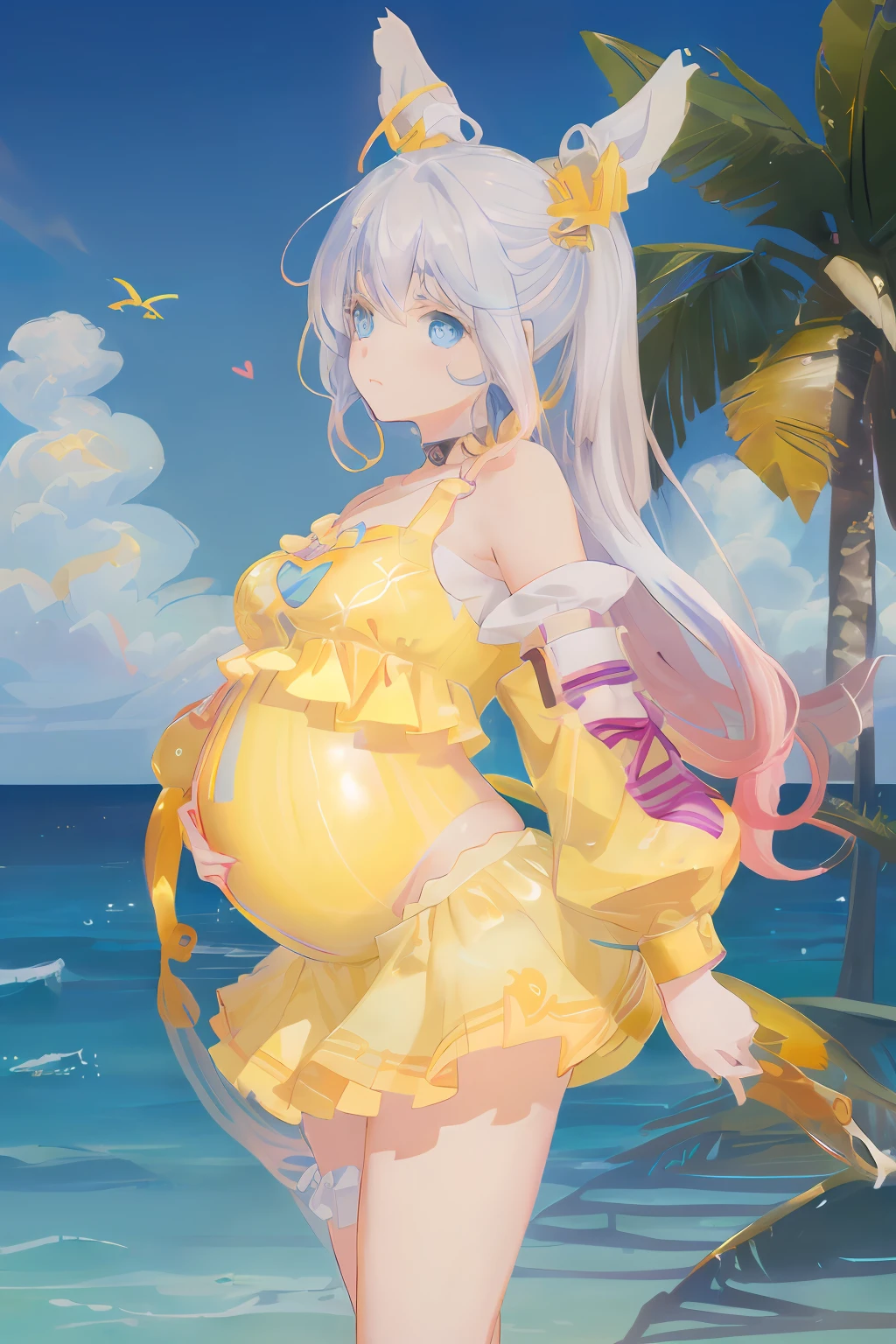 art by Cornflower, Dreamy, (a beautiful teen-aged girl，anime-style girl，eBlue eyes，yellow long hair，Dressed in light yellow，Shiny，longer sleeves，Open chest，Long skirt swimsuit，Pink big breasts，white colors，and yellow，The heart poses above，both hands on hip，In front of the beach and bright blue sky，There are clouds above，There are palm trees in the background on both sides of the picture，There are also a lot of blue and yellow fish swimming around in the sea，There was also a lighted police helicopter flying over the girl's head）Pregnant belly, Maternity wear，Maternity wear，Pregnant belly，Pregnant belly