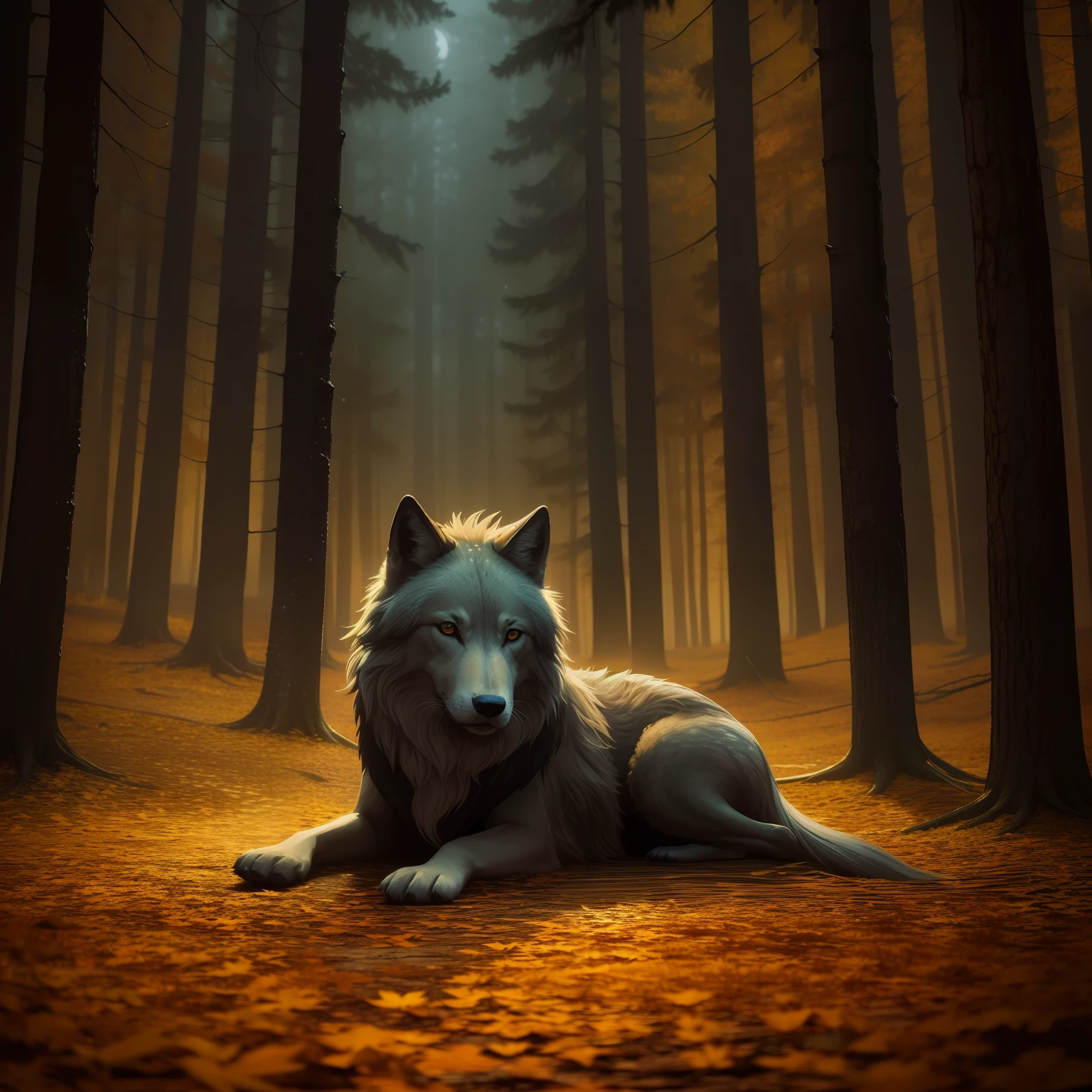Un lobo nocturno solitario en un bosque autumm, 4k, Renderizado de octanaje, polvo dorado, lithographic style, imagen ganadora, epic, conmovedor, nostalgico, mirada profunda