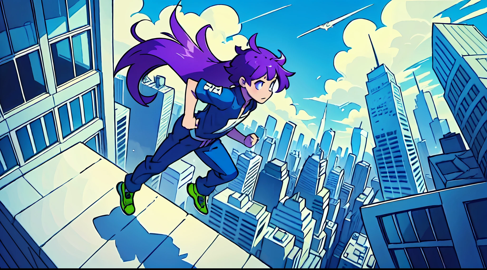 top-quality、Boy with purple hair、Run up the walls of skyscrapers、weightless、Dynamic composition with perspective