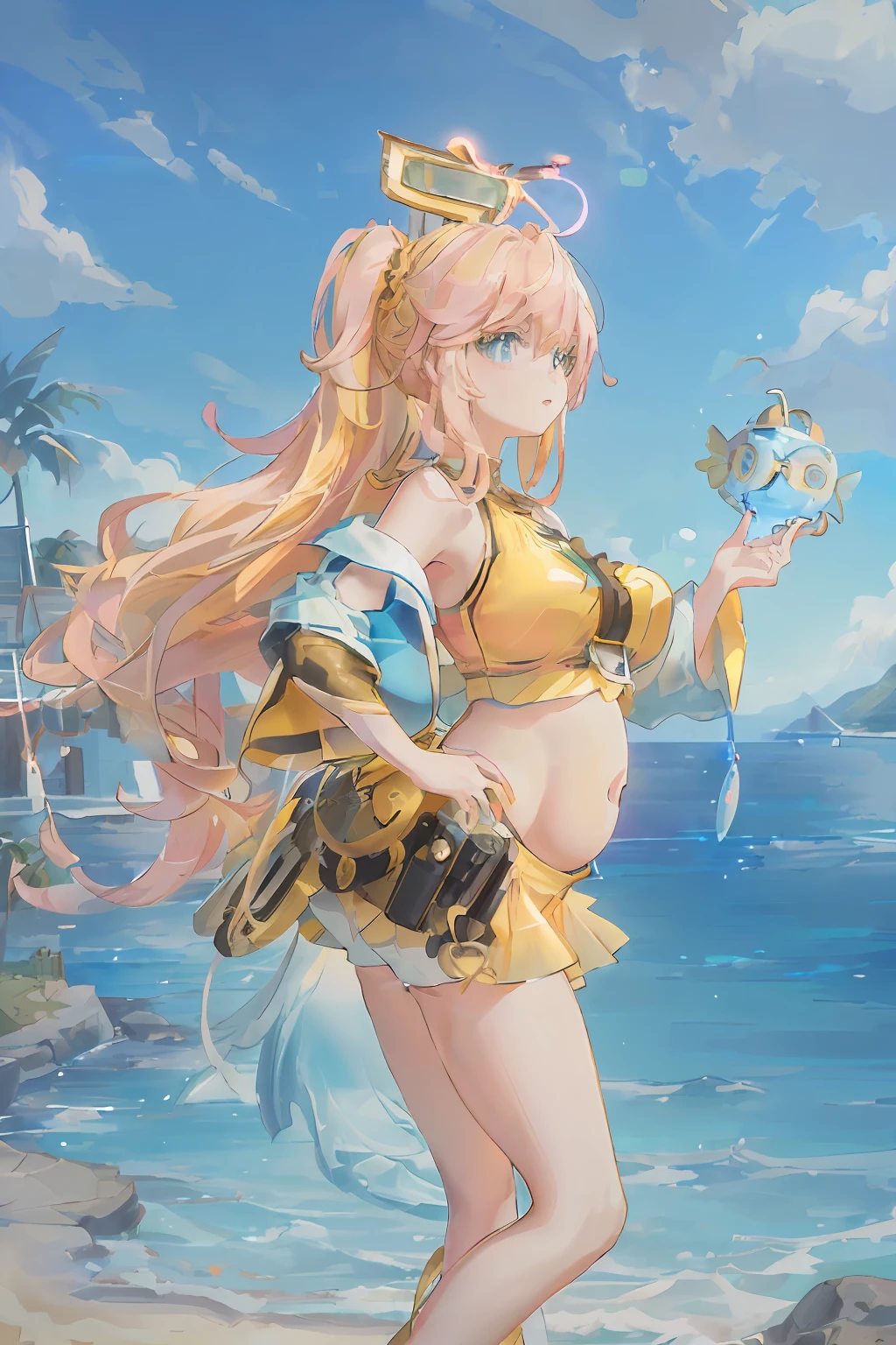 art by Cornflower, Dreamy, (a beautiful -agedl，anime-style girl，eBlue eyes，yellow long hair，Dressed in light yellow，Shiny，longer sleeves，Open chest，Long skirt swimsuit，Pink big breasts，white colors，and yellow，The heart poses above，both hands on hip，In front of the beach and bright blue sky，There are clouds above，There are palm trees in the background on both sides of the picture，There are also a lot of blue and yellow fish swimming around in the sea，There was also a lighted police helicopter flying over the girl's head）Pregnant belly, Maternity wear，Maternity wear，Pregnant belly，Pregnant belly