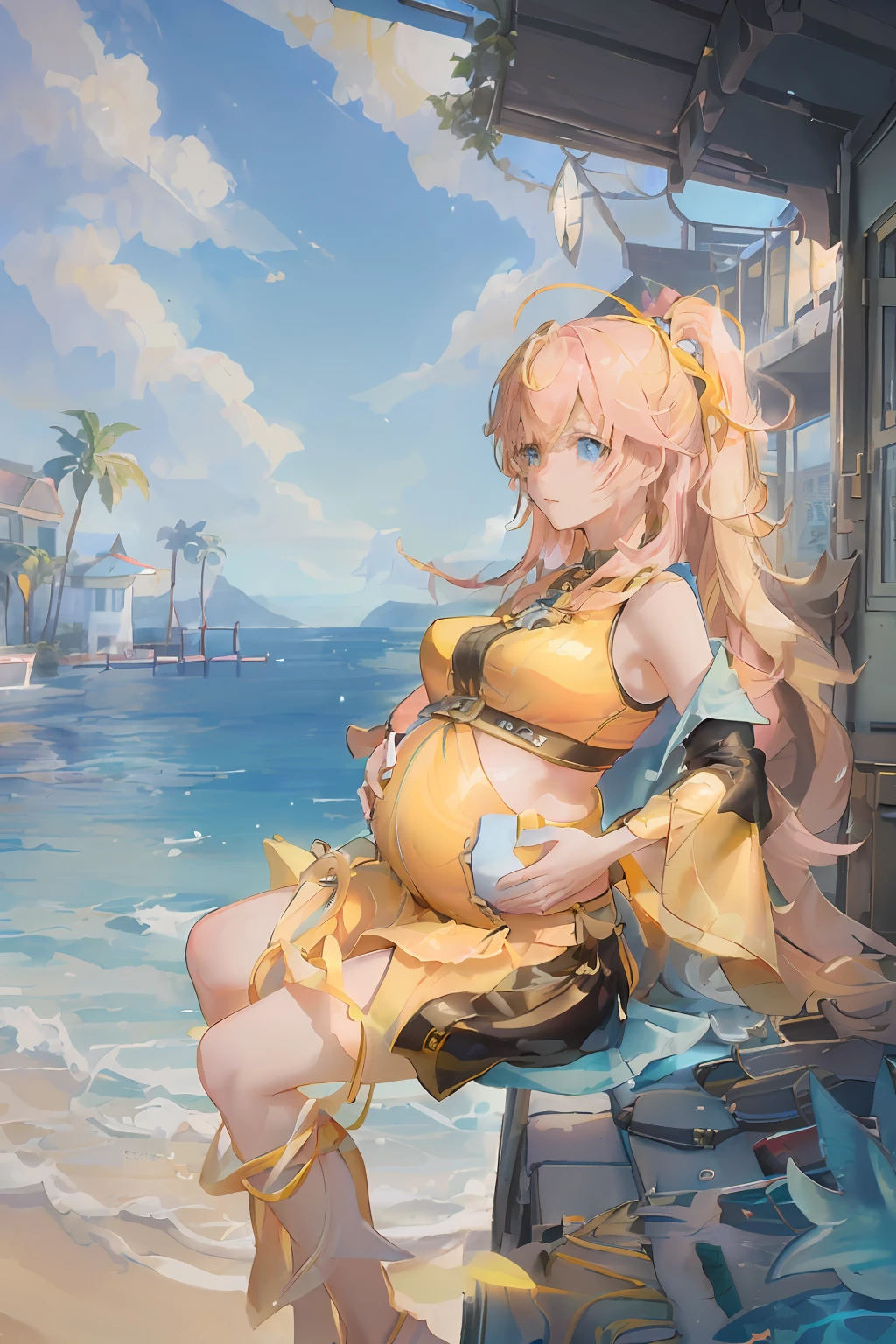 art by Cornflower, Dreamy, (a beautiful teen-aged girl，anime-style girl，eBlue eyes，yellow long hair，Dressed in light yellow，Shiny，longer sleeves，Open chest，Long skirt swimsuit，Pink big breasts，white colors，and yellow，The heart poses above，both hands on hip，In front of the beach and bright blue sky，There are clouds above，There are palm trees in the background on both sides of the picture，There are also a lot of blue and yellow fish swimming around in the sea，There was also a lighted police helicopter flying over the girl's head）Pregnant belly, Maternity wear，Maternity wear，Pregnant belly，Pregnant belly