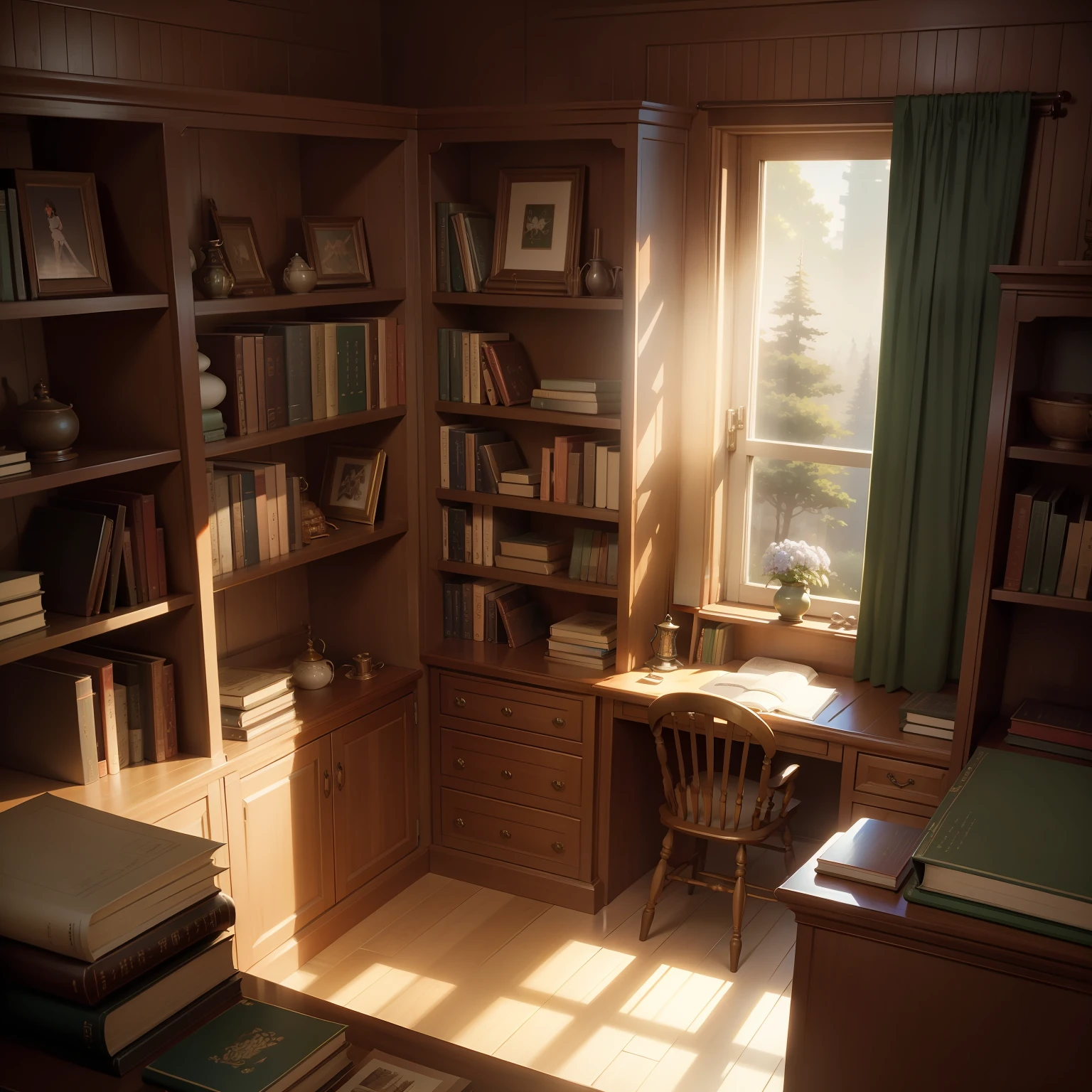 "Enchanting room in the mesmerizing Makoto Shinkai art style, adorned with rows of meticulously stacked books in a cozy study."