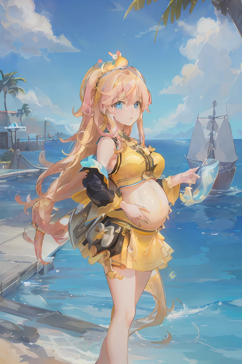 art by Cornflower, Dreamy, (a beautiful teen-aged girl,anime-style girl,eBlue eyes,yellow long hair,Dressed in light yellow,Shiny,longer sleeves,Open chest,Long skirt swimsuit,Pink big breasts,white colors,and yellow,The heart poses above,both hands on hip,In front of the beach and bright blue sky,There are clouds above,There are palm trees in the background on both sides of the picture,There are also a lot of blue and yellow fish swimming around in the sea,There was also a lighted police helicopter flying over the girl's head)Pregnant belly, Maternity wear,Maternity wear,Pregnant belly,Pregnant belly