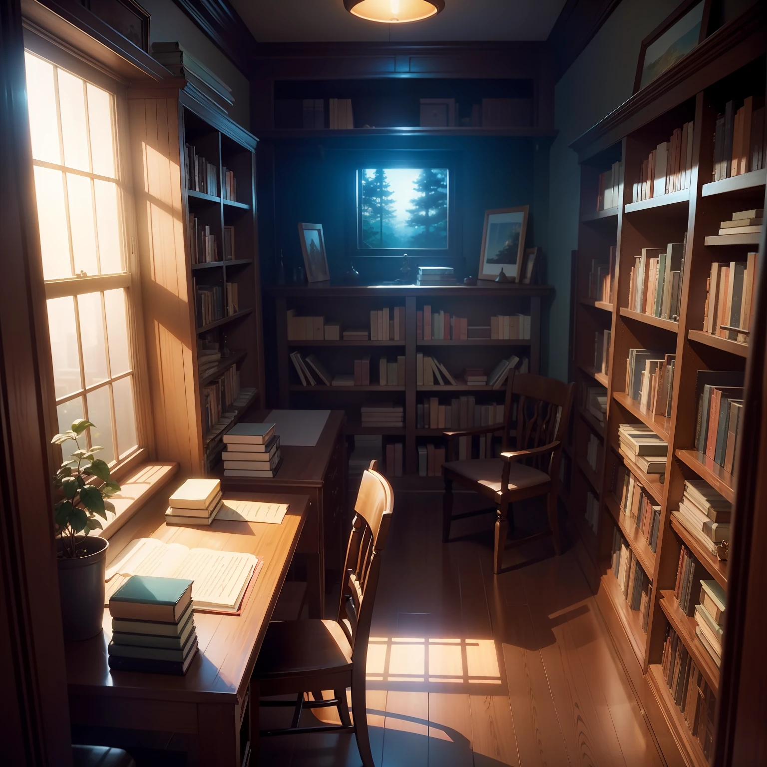 "Enchanting room in the mesmerizing Makoto Shinkai art style, adorned with rows of meticulously stacked books in a cozy study."
