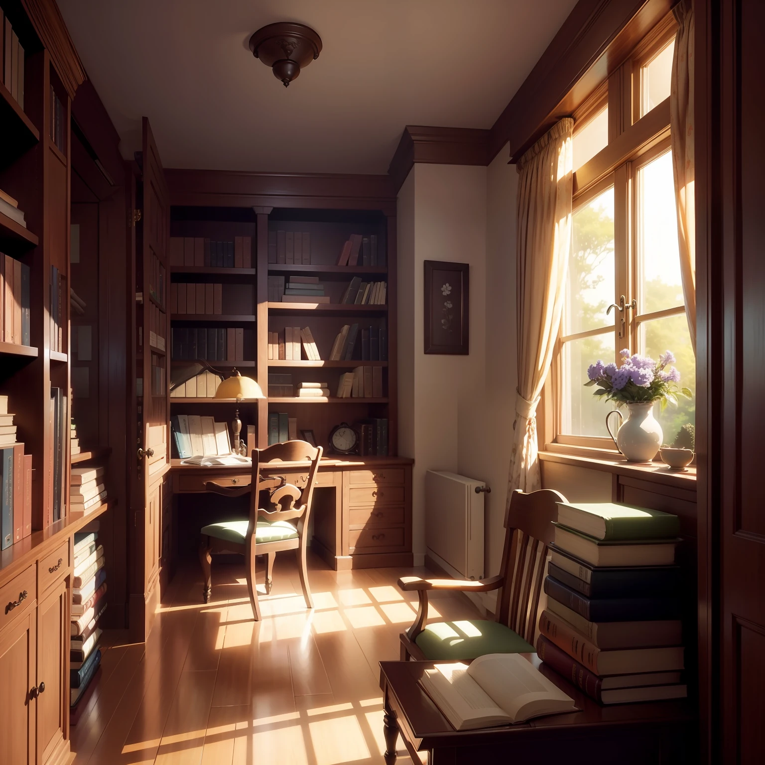 "Enchanting room in the mesmerizing Makoto Shinkai art style, adorned with rows of meticulously stacked books in a cozy study."