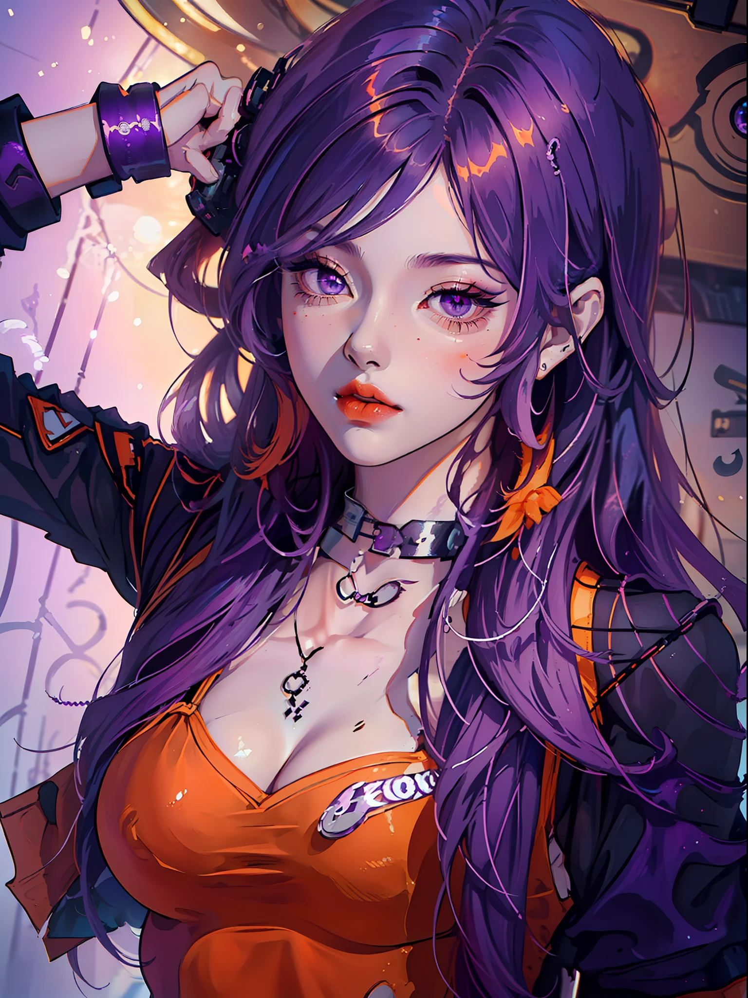 ((Stunning high resolution illustration of girl with long orange and purple hair, Purple eyes, vestindo roupa escolar, segurando uma sniper em uma pose sexy, em estilo anime))
