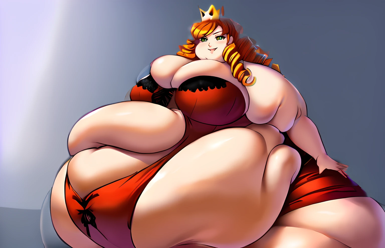 anime character with a huge belly, he has a ((jiggly fat round belly)),  thicc, his belly is fat and round, ,((obese )), heavy detailed, extremely plump ,((insanely wide hips))((large thighs)),( Large ),(( Proportionally large arms)) ,((proportionally enormous legs)),best quality, masterpiece, solo, (( Tall ,Feminine))Male in red Dress with crown,( Red corset, Skirt trail), wearing an ornate outfit, anime princess, in a fancy elaborate dress, ((Long Orange Hair:1.4)), ((hair styled in curls:1.3)),((Green eyes)) Background(Ballroom)), expression (Smug, Smile, Sensual),pose( Hand on hips, Other hand on chest)