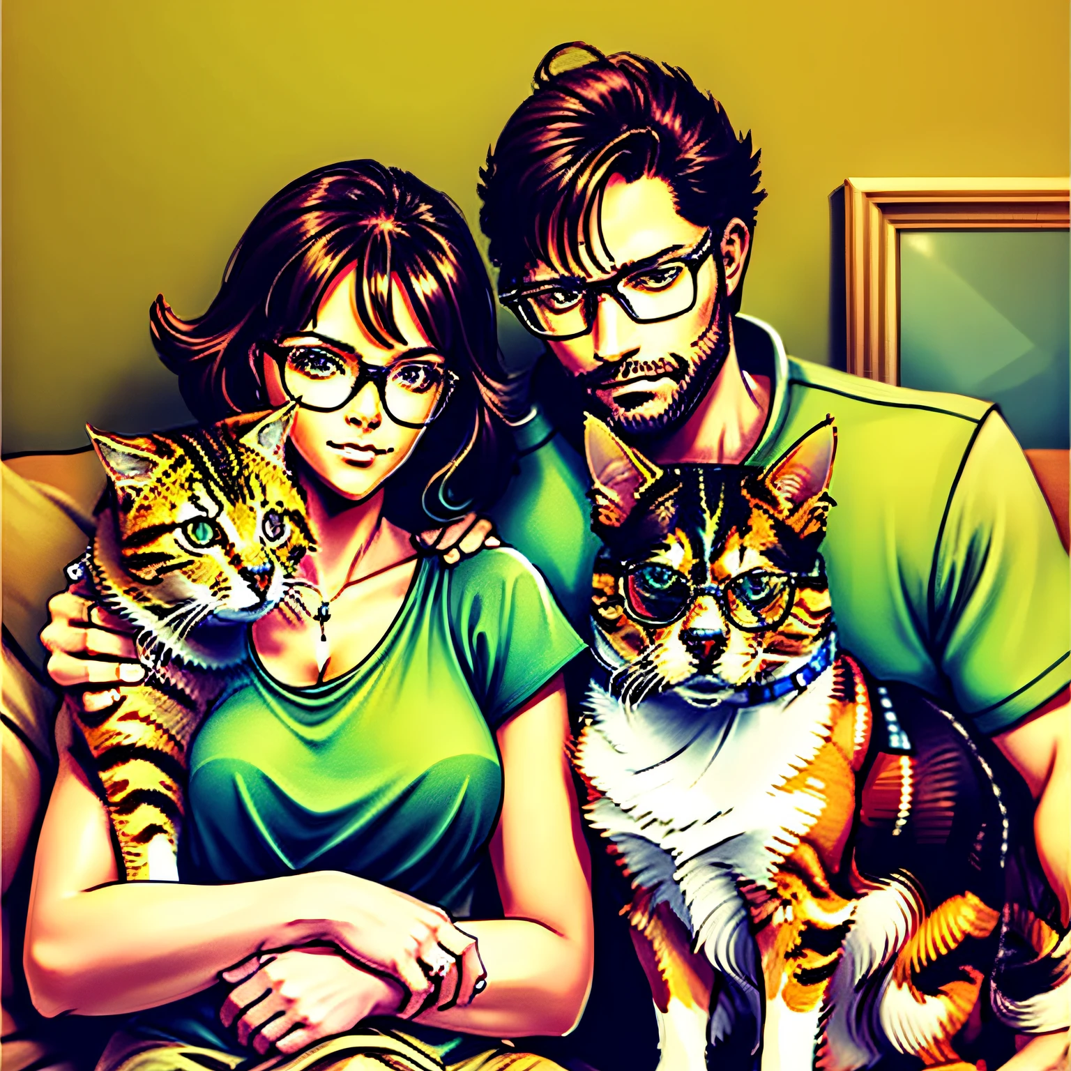 Man with glasses,Men and women snuggle together,The man is on the right,The woman is on the left;Beautiful tabby cat lying on the man's right shoulder,Pull your front paws,The woman holds another King Charles Beagle in her arms