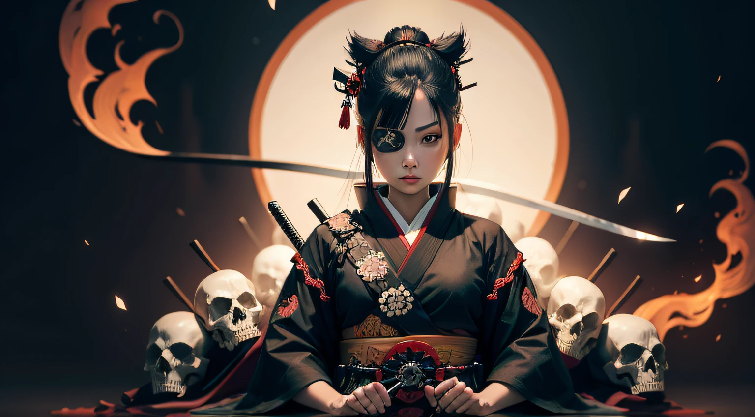 A samurai woman wearing an eye patch and kimono sitting on several skulls wielding a samurai sword --auto
