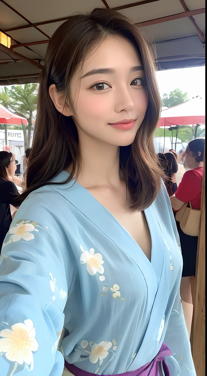 ((top-quality、8K、masterpiece:1.3))、1girl in、Beautuful Women、Less exposure、(Hairstyle Casual、)、Super fine face、Delicat eyes、二重まぶた、Summer Festivals、Floral yukata、food stand、