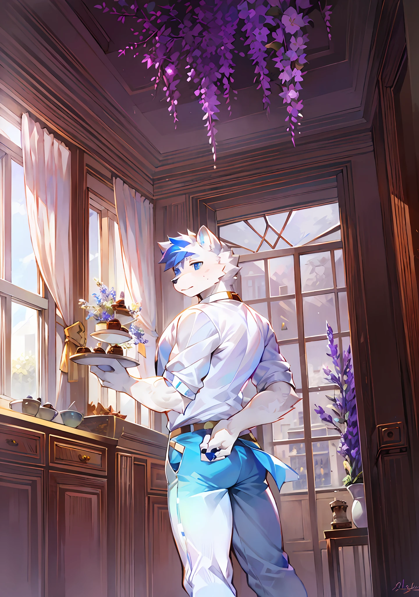 White bear type,Pastry chef,chocolate cake,black tea,Strong body,White tail,inside in room,janelas,Wisteria flowers climb up the window,Gender male,Tall and mighty,Blue eyes,The eyes have bright spots,white bear,Wear a white shirt underneath,blue short pants,Eyes with highlights,aprons