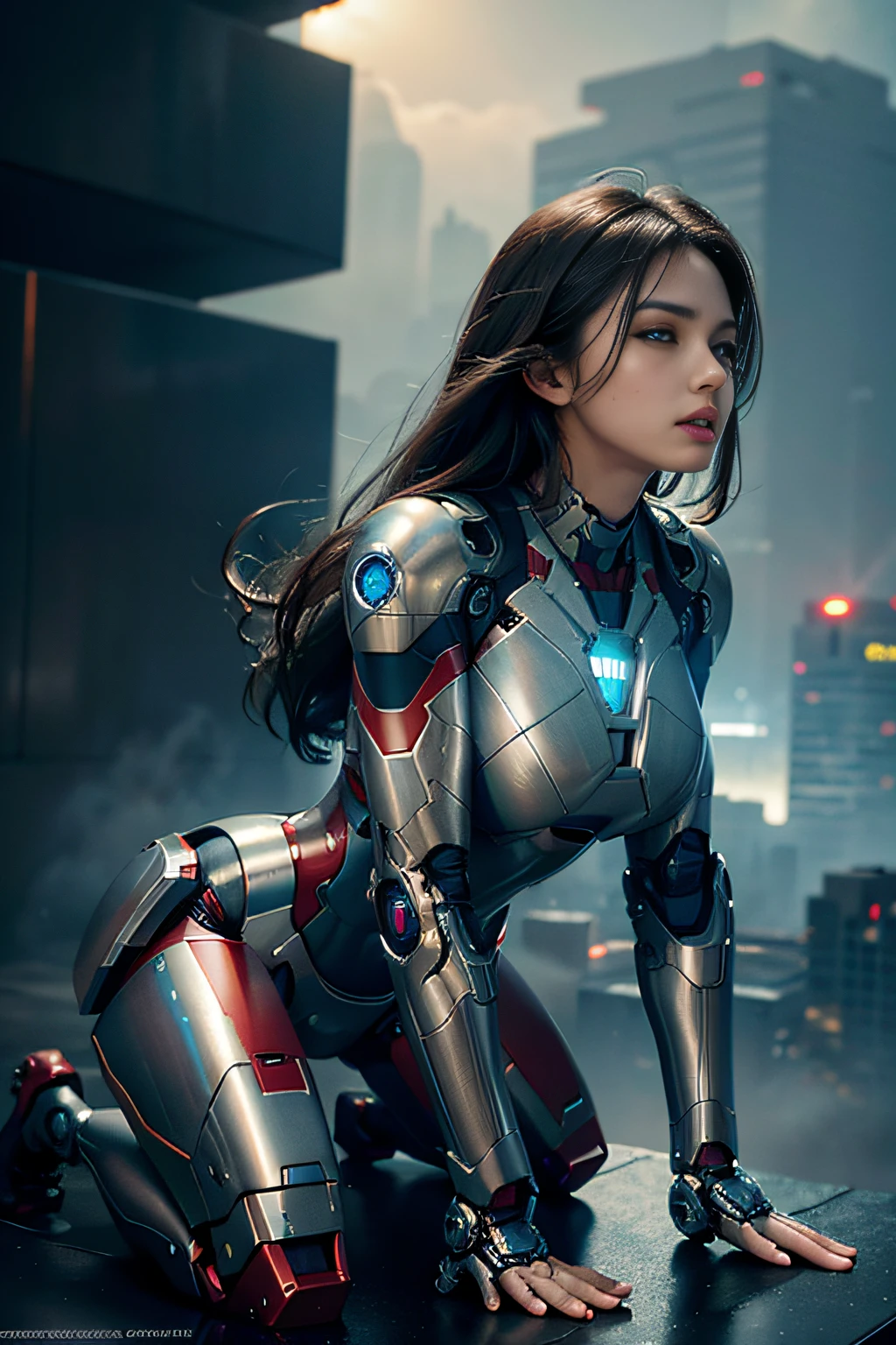RAW, Masterpiece, Ultra Fine Photo,, Best Quality, Ultra High Resolution, Photorealistic, Sunlight, Full Body Portrait, Stunningly Beautiful,, Dynamic Poses, Delicate Face, Vibrant Eyes, (Side View) , she is wearing a futuristic Iron Man mech, very detailed background, detailed face, detailed busy background, messy, gorgeous, milky, high detailed skin, realistic skin details, visible pores, sharp focus, volume Fog, 8k uhd, dslr, high quality, film grain, fair skin, photorealism, lomography, sprawling metropolis in a futuristic dystopia, view from below, translucent