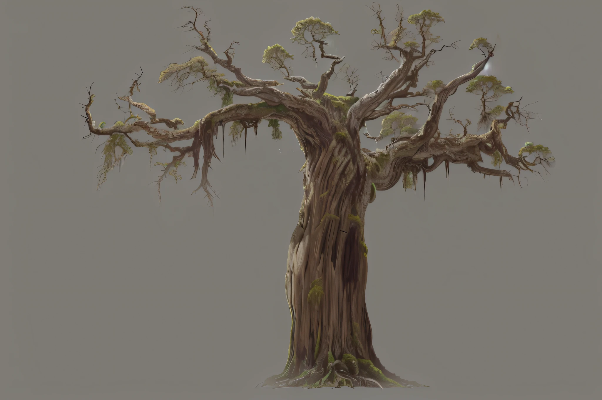 Photo-realistic, 1000 ages-old, a huge and lash old tree alone, More than 500 feet,higher than the hills, Mottled moss grows on the brown bark, the tree have mega branches,hundreds tree root strips,and mega green leaves,bluesky