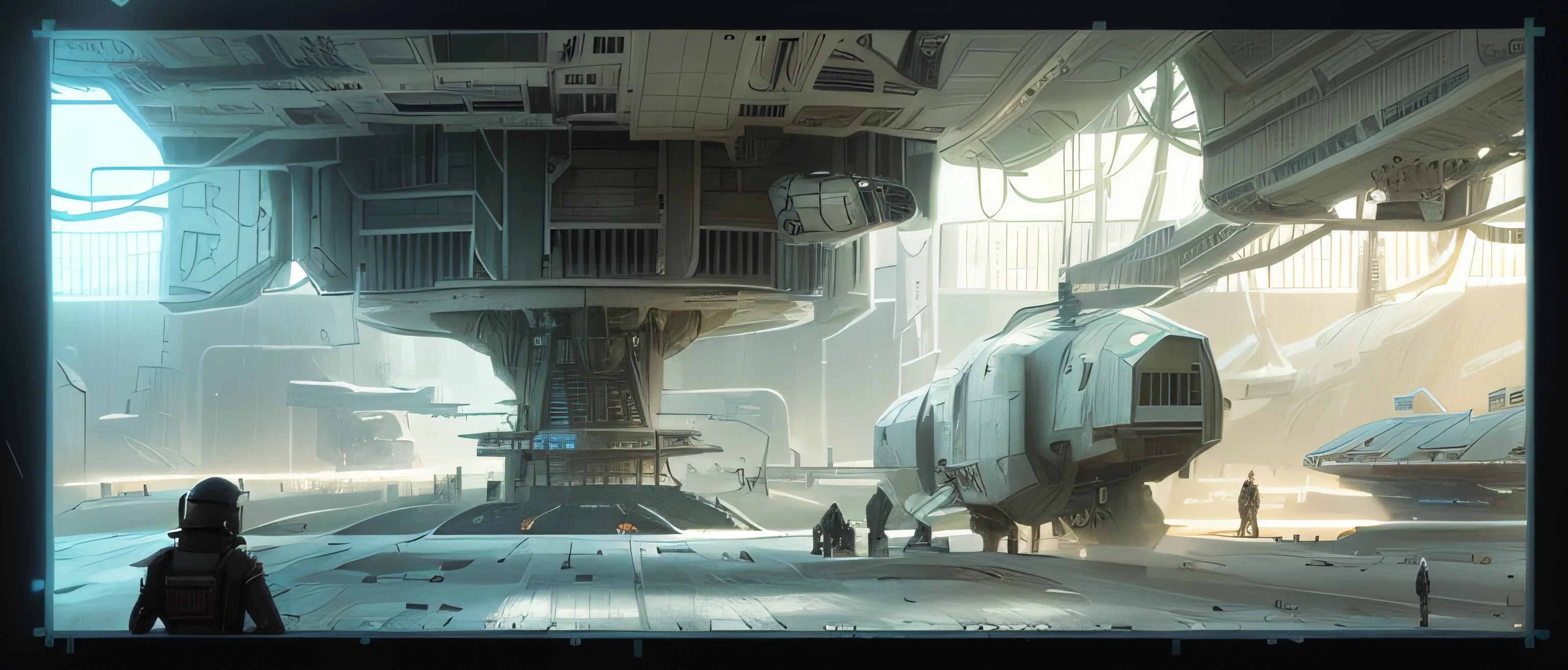 Sketches of large structures，There is a huge structure in the middle, spaceship hangar, Star Wars concept art, in a sci-fi shipping port, movie concept art, scifi concept art, inside a futuristic army base, , inspired by Josan Gonzalez, science fiction scene, ,Complex machine structures and parts,Vertical and horizontal pipes,Wasteland,Battle damage,sense of science and technology,Strong contrasting lighting,Tech-sense background,k hd，,8K,真实感,Octane rendering，Epic matte painting，exquisite detailing