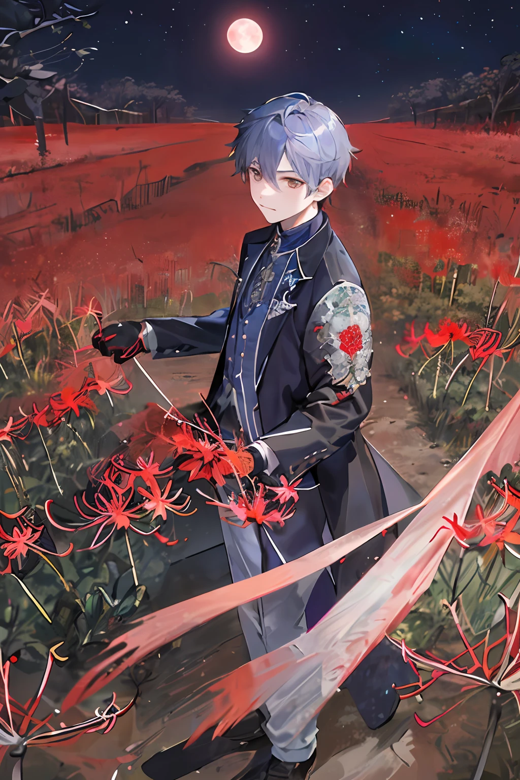 The boy in white，Turn around and look back，In the middle of a valley，It is surrounded by blooming red flowers，The sky is dark