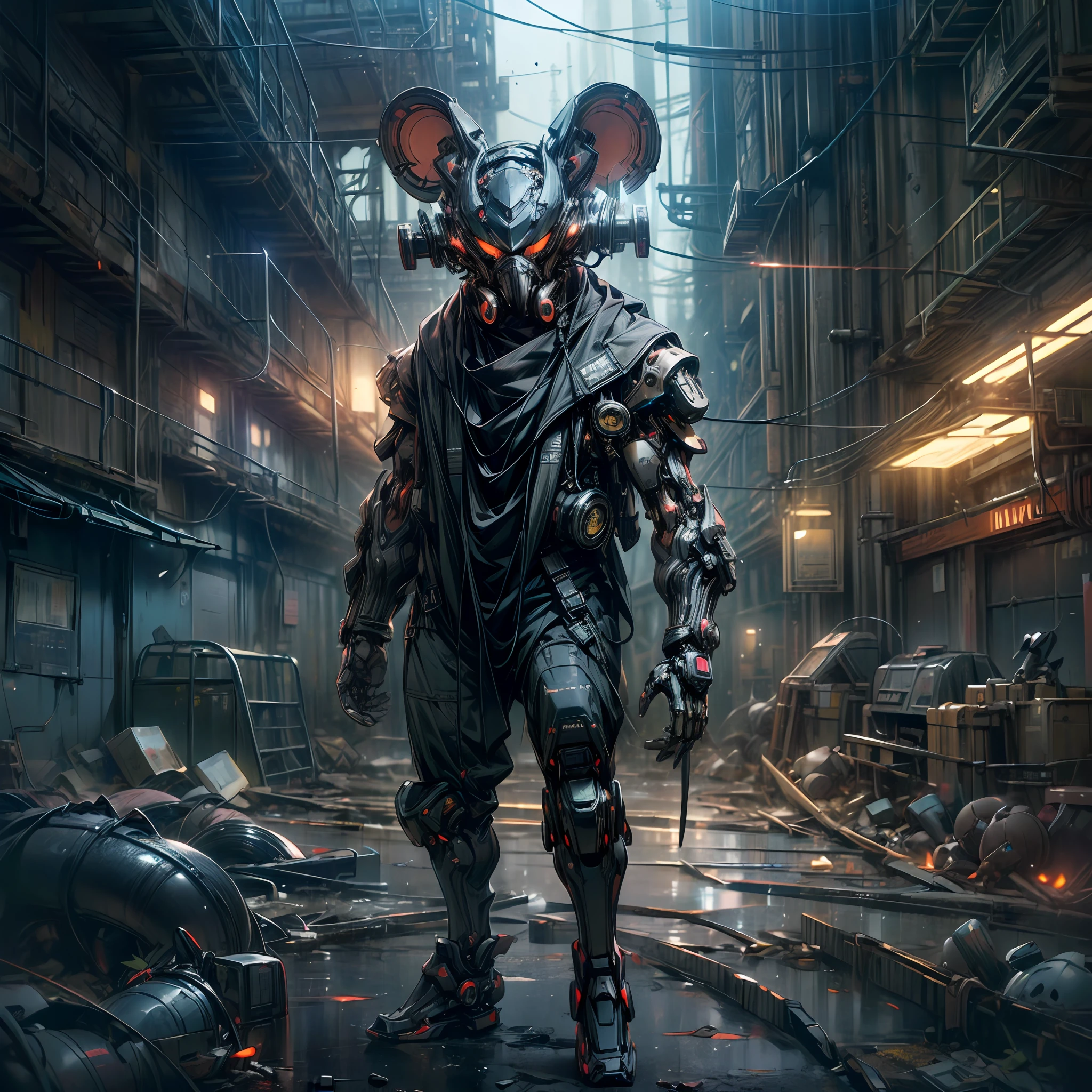 (anthropomorphism:1.5),(Full Body Shot), Cyberpunk, In the middle, 1 black rat mecha(Mechanical style black rat head, Blue glowing goggles, Gas mask, Short stature, thin and weak), Standing on two legs, mechanical miracle, damaged Machine element,nobody, Moonlight, Dreamy Glow, ruined city, ( Global illumination, raytracing, HDR, unreal render,reasonable design, masterpiece, best quality, UHD, Cinematic Lighting)