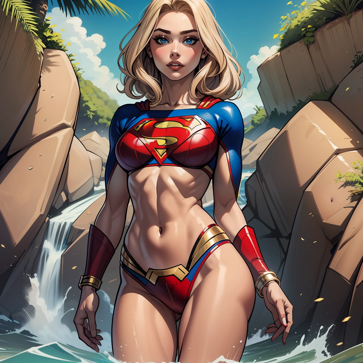 Mulher, cabelo loiro, na praia, vestida de calcinha e sutia, pose dinamica, olhos azuis, supergirl