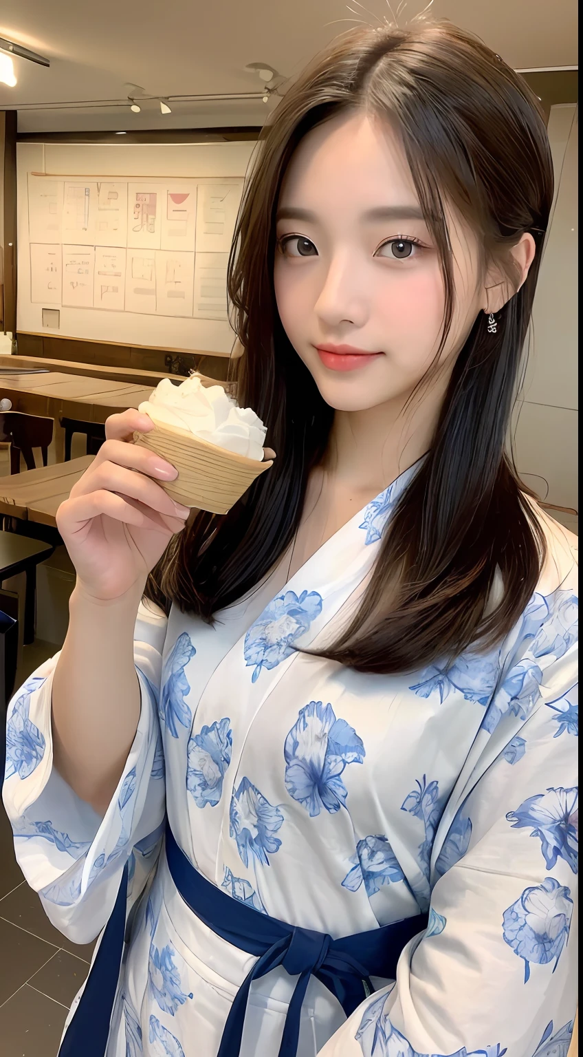((top-quality、8K、masterpiece:1.3))、1girl in、Beautuful Women、Less exposure、(Hairstyle Casual、)、Super fine face、Delicat eyes、二重まぶた、Summer Festivals、Floral yukata、food stand、