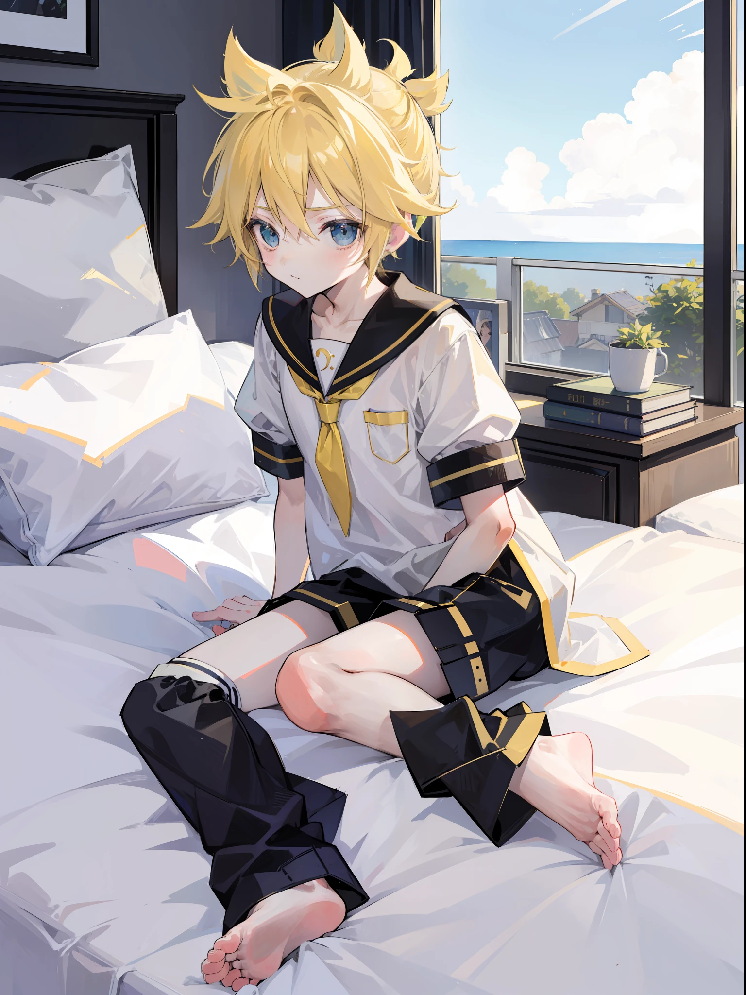 best quality, ultra precision, one boy, (Len_Kagamine), blond hair, shota, cowlick, on bed, outdoor, character focus, black short pants, sailor uniform, your cute boyfriend, innocent, full body, slender