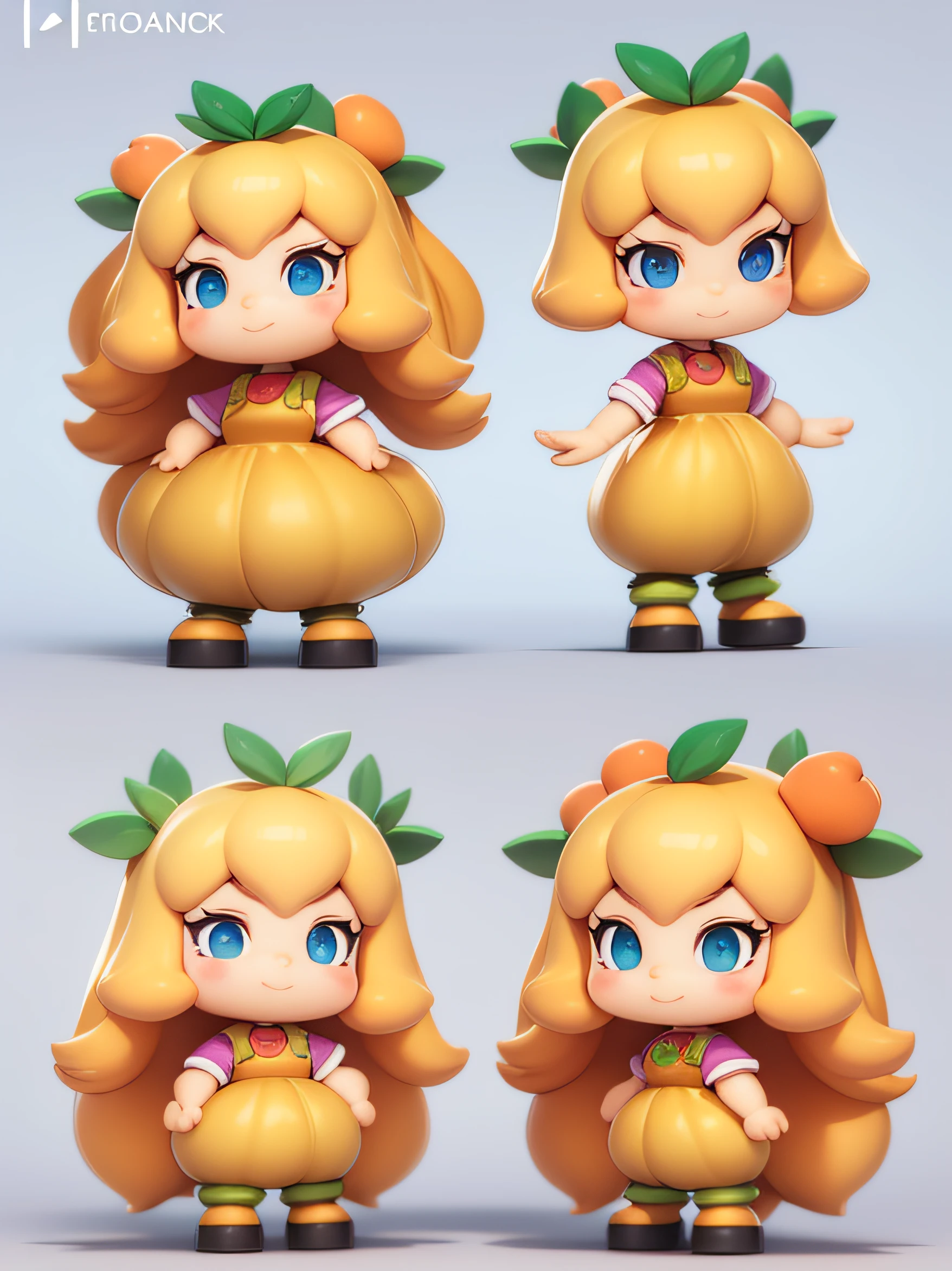 PopMart blind box IP,Triple view,Design a mascot about water apricots,Water apricot leaves on the head,Stand naturally,Frontal whole body,Bubble Mart style,Clean and simple design,IP image,Triple view,High-grade natural color scheme,Bright and harmonious,Cute and colorful,Detailed character design,behans,Haipai style,Organic engraving,C4D style,3D animation style design,cartoony,Fun character design,raytracing,Children's book illustration style