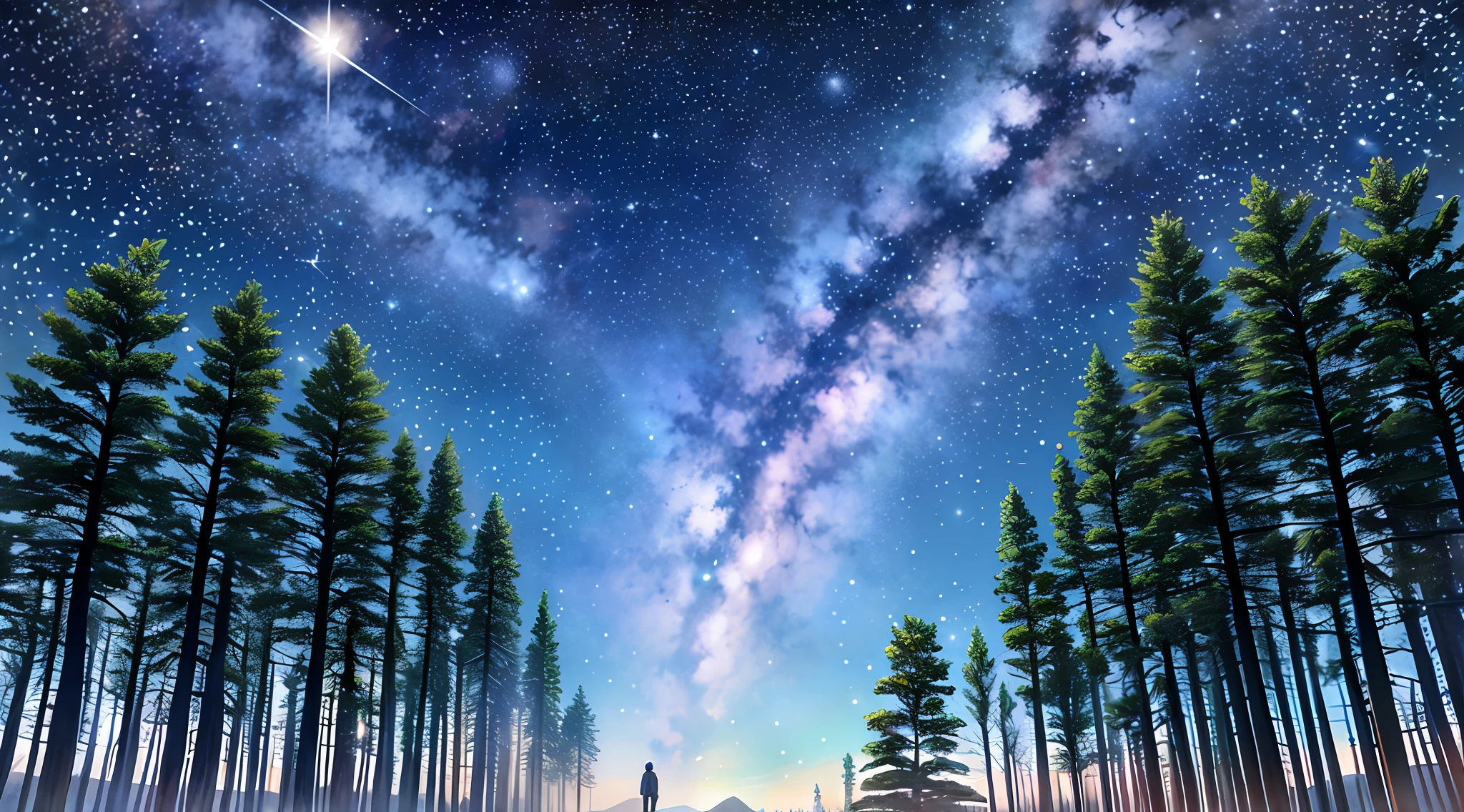 Starry sky with a man standing in the middle of the forest, cosmos sem fim no fundo, Starry Sky 8 K, milky way environment, moonlit starry sky environment, the sky has the milky way, looking out into the cosmos, looking at the stars, Star(sky) Starry_sky, on a galaxy looking background