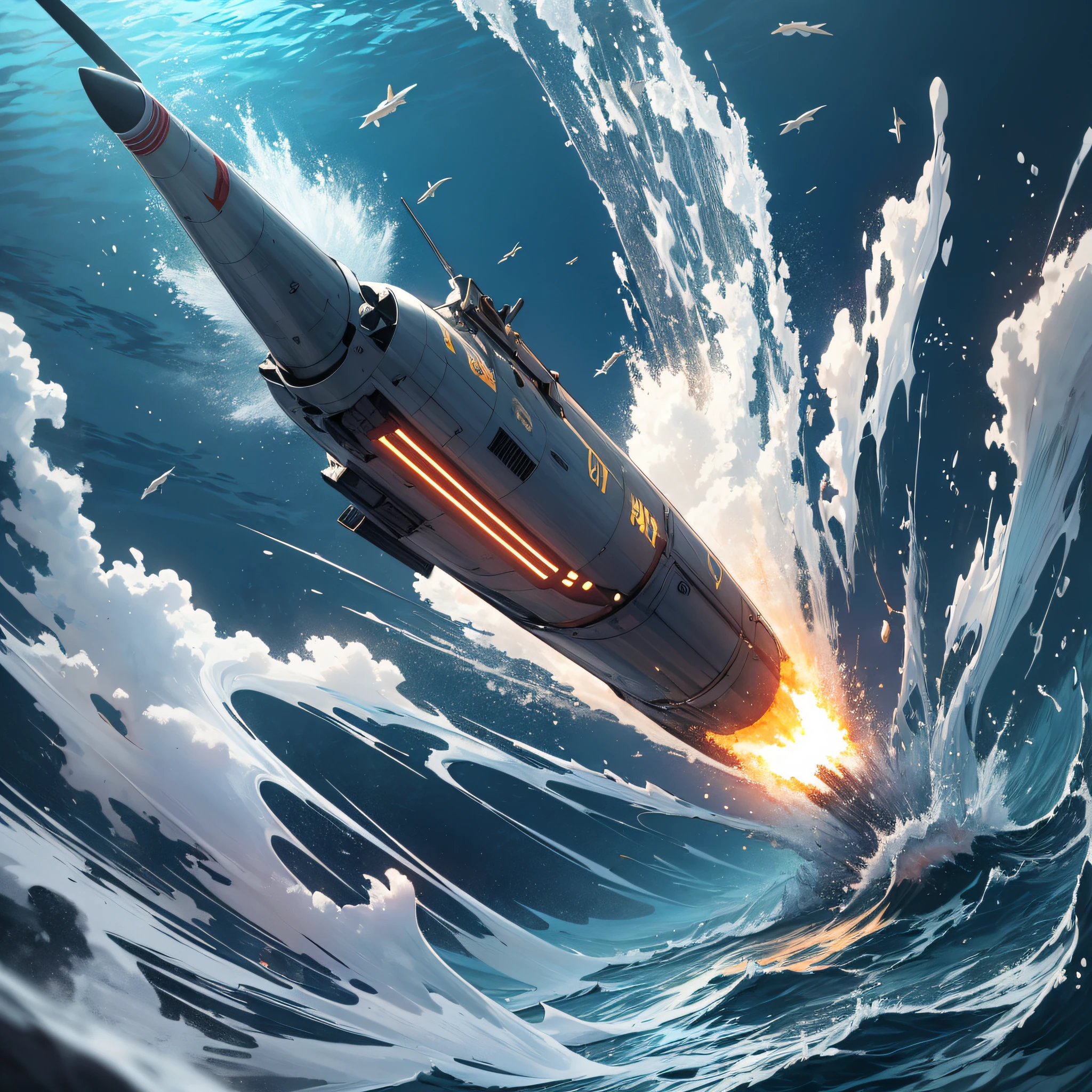 Ridiculous resolution，A high resolution，（tmasterpiece：1.4），Hyper-detailing，Underwater world（1.3），The missile launch tail with flames，It's fast，tidal waves，shock