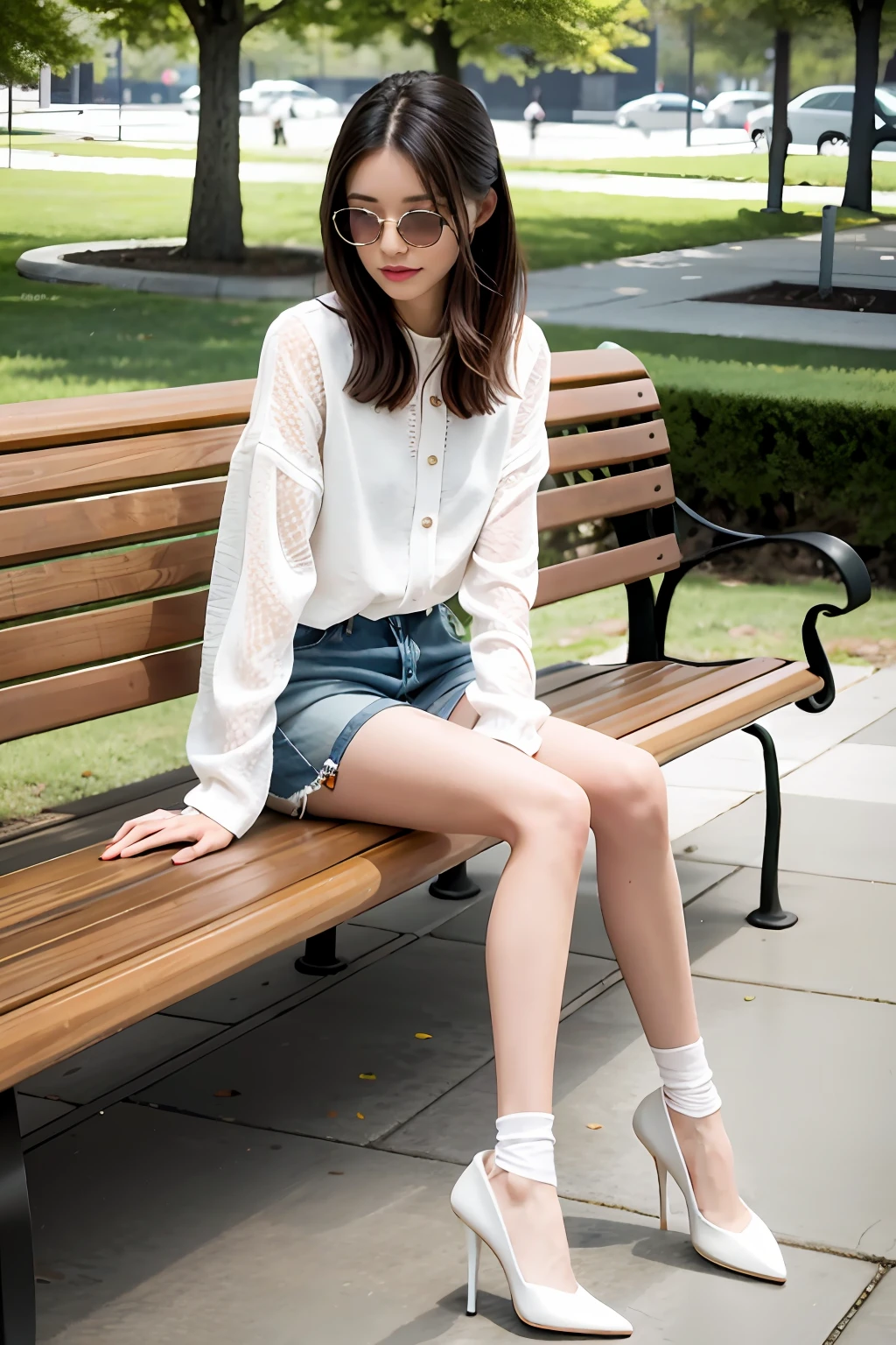 there is a woman that is sitting down on a bench, girls resting, sitting on a bench, sitting on a bench, wearing elegant casual clothes, Sitting on a park bench, Sit on a bench, wearing off - white style, dressed with long fluent clothes, arte mista, modern casual clothing, modern fashion outfit, casual modern clothing, woman, casual clothing style，Lace socks：1.3，high-heels,Sexy outfits