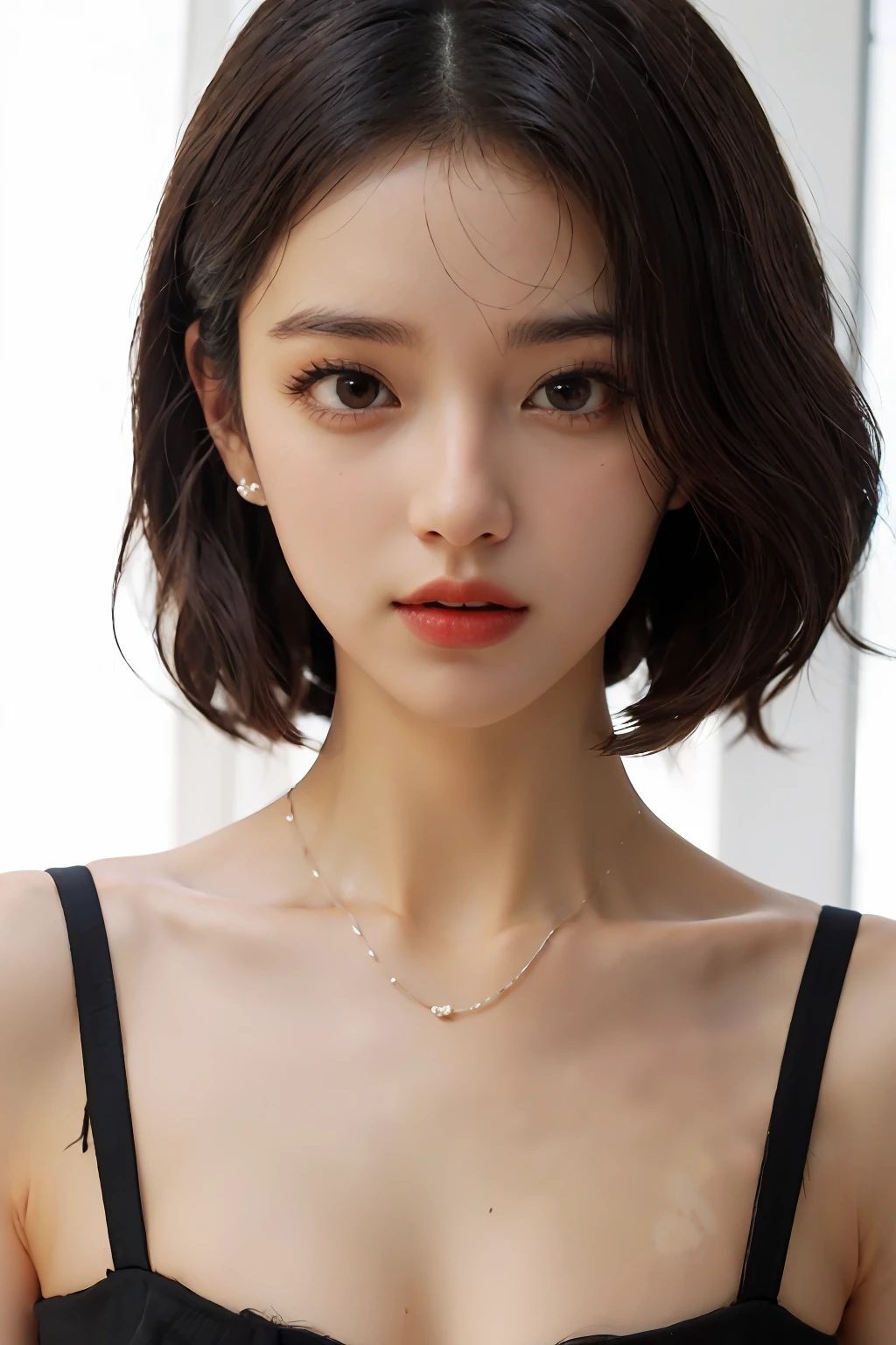 white girl, short curly black hair, dark brown eyes with eyeliner, full mouth