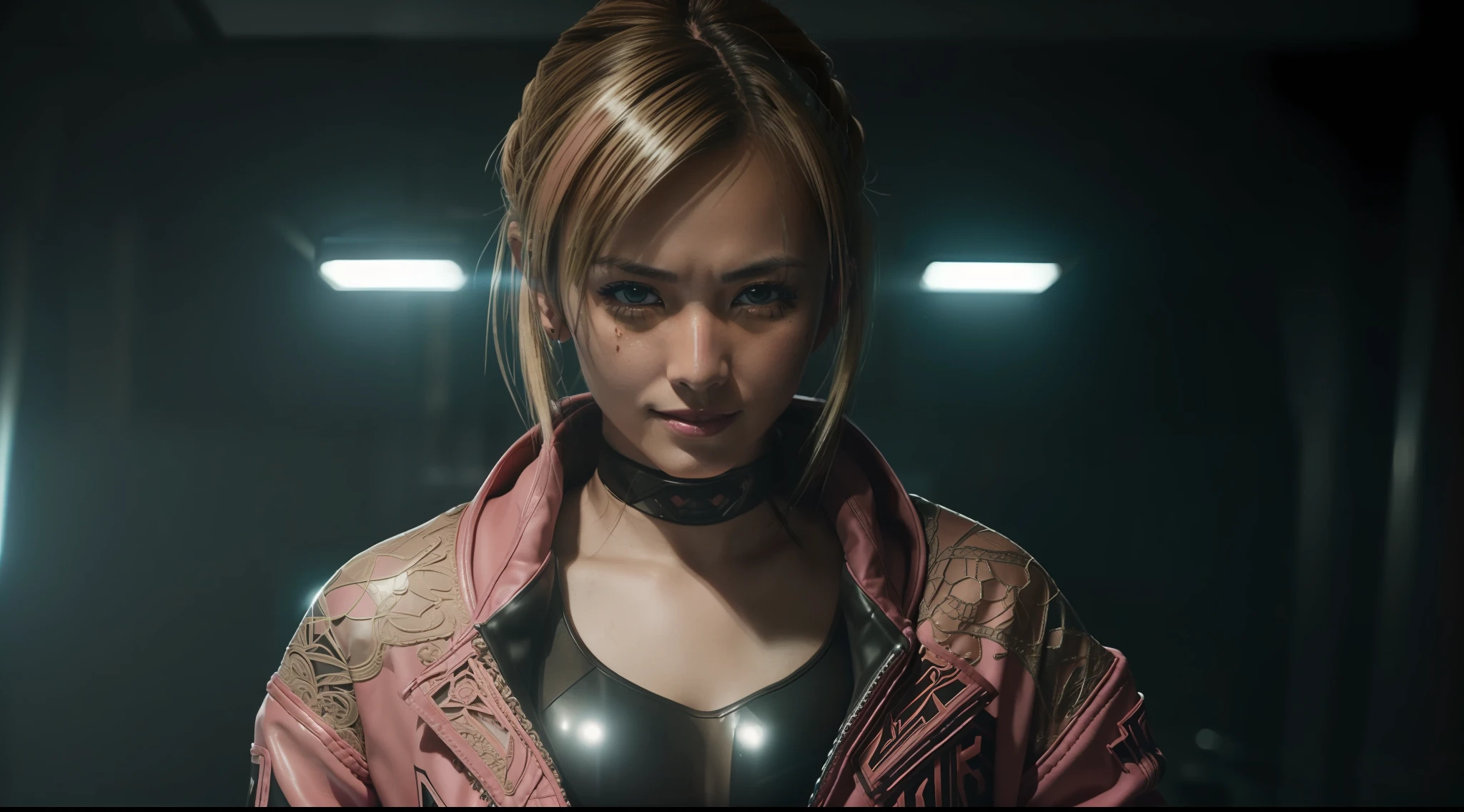 (8k, ARTISTIC photography, best quality, masterpiece: 1.2), (realistic, photorealistic: 1.37), ((( Melody Hiina Marks ))) over-detailed, (high-detail skin: 1.2), 8k UHD, SLR camera, soft lighting, high quality, film grain, Arri Alexa, cinematic lighting, photonic display, brightness, physically rendered photo (sexy 18-year-old Female villain, with a light saber), (dynamic pose ) action figure (( cute smile)), over-detailed face, ((( Melody Hiina Marks))), blonde hair, pony tails, cybernetics (( dressed in a bomber jacket )), ((( pink clothes )), ((( intricate outfits))), (((pure 8K))), (((perfect anatomy))) beautiful body, toned body, perky breast, extremely high-quality graphics, Riddley Scott, Blade Runner, Denis Villeneuve (((cinematic lighting))), ((clear details)), 3d graffiti, abstract background, lines, background circles
