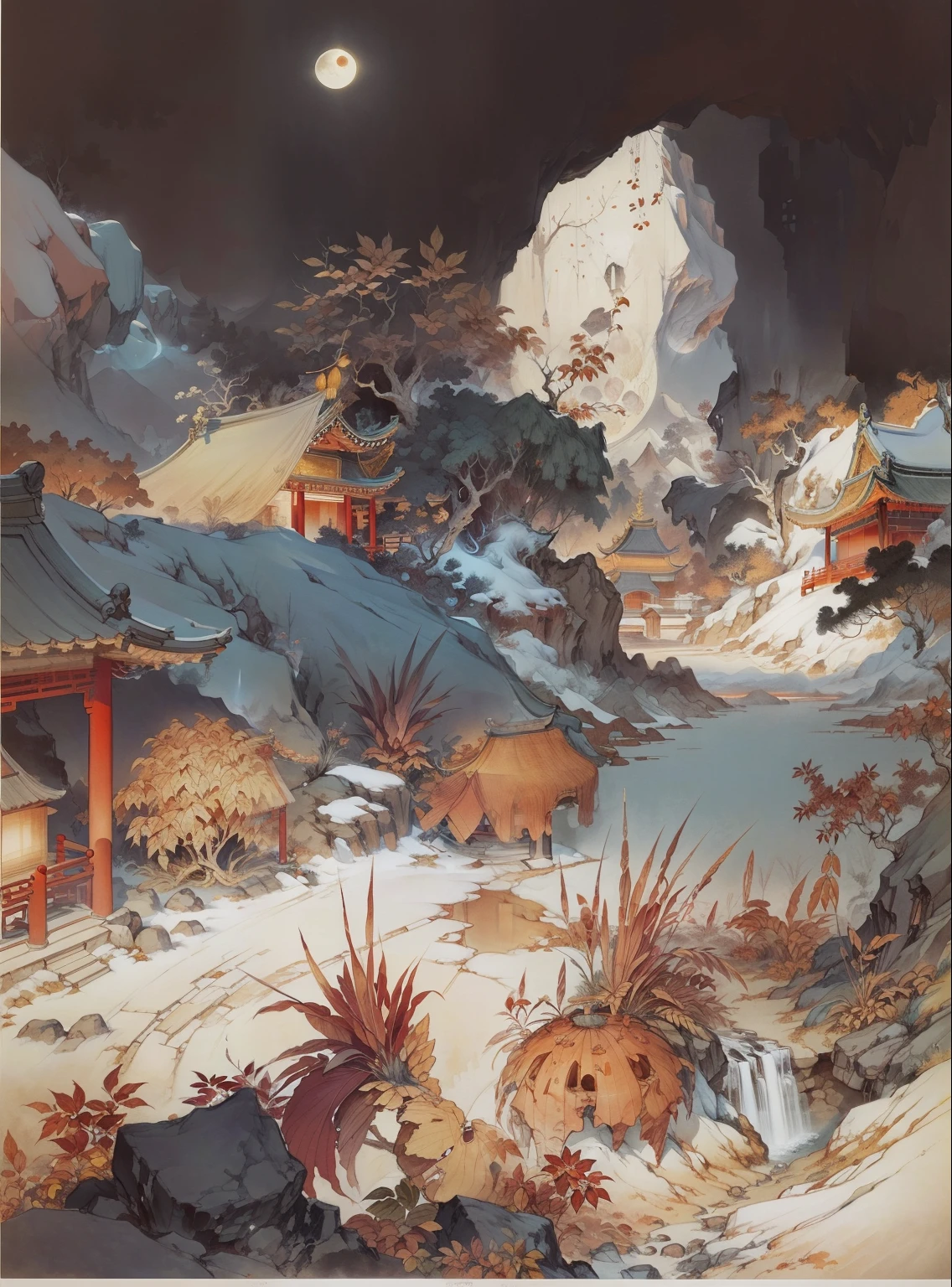 Ancient Chinese landscapes，Ancient buildings，Pavilions，Carved beams and paintings，enchanting scenery，Night，Moon light，Layered, Rich light and shadow,Mid-Autumn Festival, Ink painting style，clean color，Low-saturation colors，Colors of low brightness，Decisive cut，Leave white space，impressionistic，tmasterpiece，ultra - detailed，Epic composition,  HighestQuali，hyper realisitc，Art germ --v 6