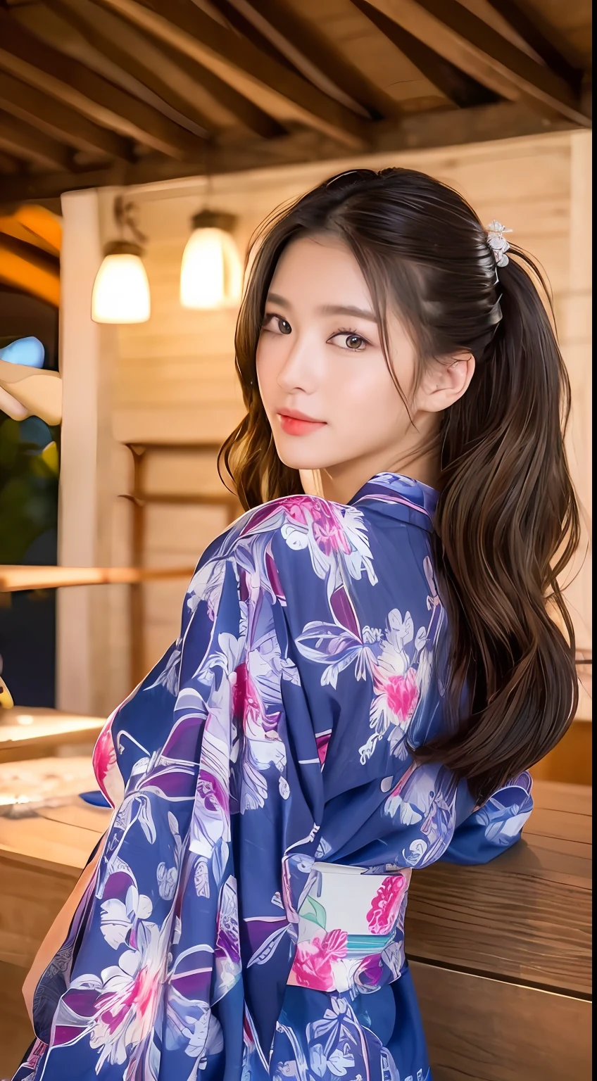 ((top-quality、8K、​masterpiece:1.3))、1girl in、Beautuful Women、Less exposure、(Hairstyle Casual、)、Super fine face、Delicat eyes、二重まぶた、Summer Festivals、Flashy yukata、food stand、