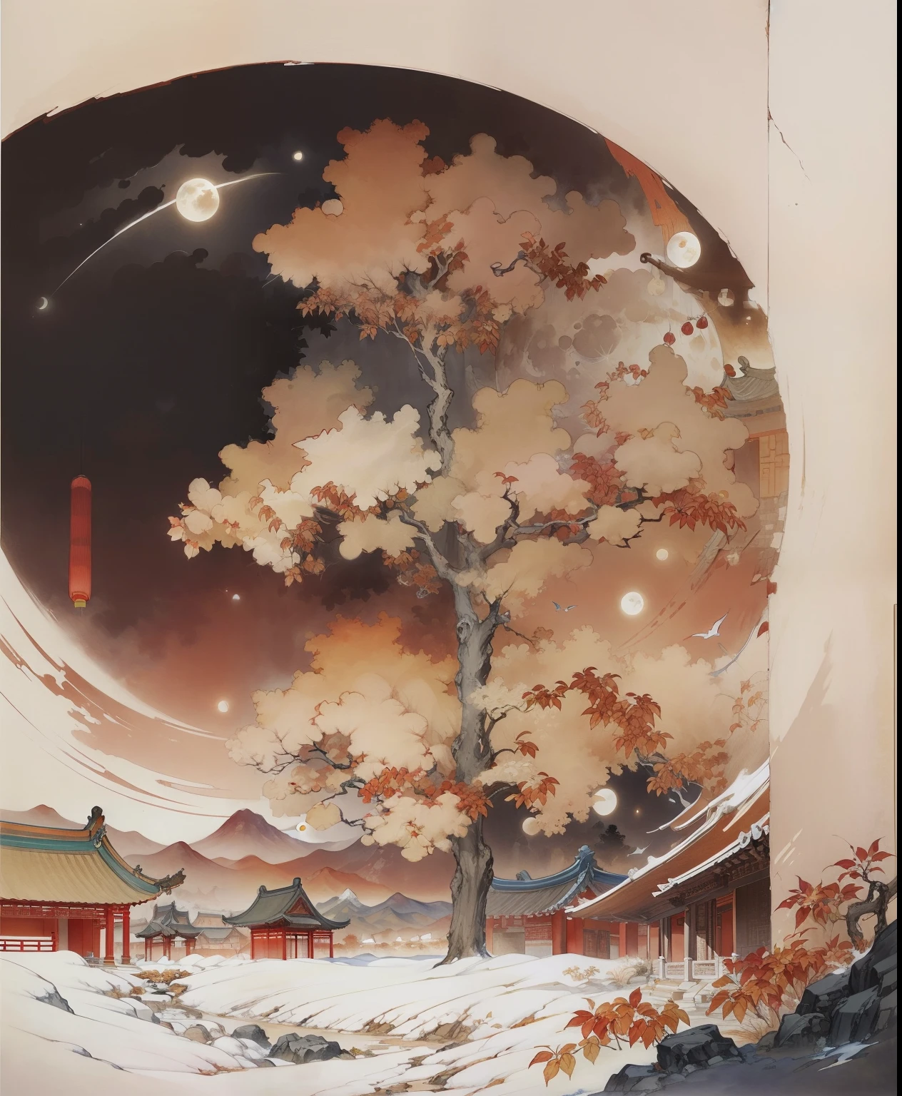 Ancient Chinese landscapes,Ancient buildings,Pavilions,Carved beams and paintings,enchanting scenery,Night,Moon light,Layered, Rich light and shadow,Mid-Autumn Festival, Ink painting style,clean color,Low-saturation colors,Colors of low brightness,Decisive cut,Leave white space,impressionistic,tmasterpiece,ultra - detailed,Epic composition, HighestQuali,hyper realisitc,Art germ --v 6